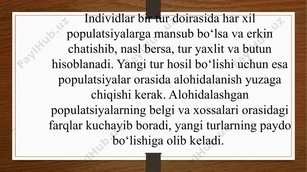 simlik turlari duragaylash yo‘li bilan paydo bo‘lgan. chunonchi, olxo‘ri olcha bilan tog‘olchaning chatishishidan so‘ng xromo- somalar sonining ikki hissa ortishi natijasida kelib chiqqan. olchada xromosomaning gaploid to‘plami 16, tog‘olchada esa 8, demak, ularda hosil bo‘lgan duragay da xromosomaning gaploid to‘plami 24 ga teng. olimlarning ﬁkricha, xromosomaning gaploid to‘plami 13 bo‘lgan herbatseum turini boshqa 13 xromosomali turi bilan o‘zaro chatishib, so‘ng duragay xromosoma to‘plamining ikki hissa ortishi hisobiga 52 xromosoma to‘plamga ega bo‘lgan xirzutum, barbadenze g‘o‘za turlari kelib chiqqan deb faraz qilinadi. uyga vazifa darslikdagi berilgan mavzuni o`qib o`rganish, unda uchragan tayanch so`zlarni taxlil qilib, mavzuga oid rasmlarni chizish mavzu so`ngidagi berilgan jadvalni to`ldirib kelish. e’tiboringiz uchun rahmat! image7.png image8.png image9.jpg image10.png image11.png image12.png image13.jpg image14.png image15.jpg image16.jpg image17.png image18.png image19.png image20.png image21.jpg image22.jpg image23.jpg image3.png image4.png