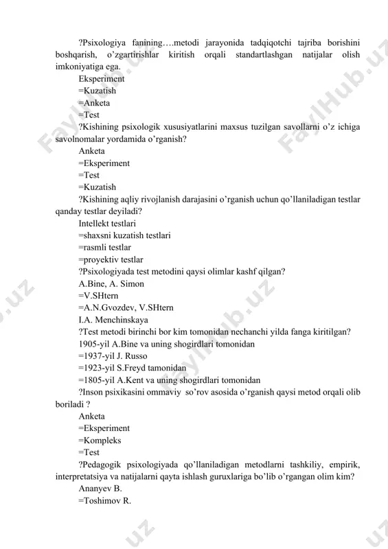 i maxsus yaratilgan sharoitda o’rganiladigan metod qanday nomlanadi? eksperiment =test =longityud =anketa ?refleks nima? organizmning ichki va tashqi muhit ta’siriga asab tizimi orqali beradigan javob reaksiyasi =organizmning javob reaksiyasi =bu insonga xos aks ettirish usuli =aks ettirish ?jon olovsimon atomdan iborat degan fikr kim tomonidan aytilgan? demokrit =epikur =galen =geraklit ?psixologiyaning predmeti xulq-atvor bo’lishi kerak, degan fikr qaysi oqimga tegishli? bixeviorizm =geshtalt psixologiya =freydizm =assosiativ psixologiya ?o’quvchi shaxsini o’rganishda xatlar, kundaliklar, sinf jurnallari va tavsifnomalarga asoslanish psixologiyaning qaysi metodiga tegishli? biografiya =suhbat =kuzatish =tajriba ?hayvonlarda hissiyotning qaysi shakli mavjud? emosiya =stress =kayfiyat =affekt ?didaktikaning, xususiy metodikalarning, programmalashtirilgan o’qitishning, aqliy xarakatlarni shakllantirishning psixologik asoslarini psixologiyani qaysi tarmog’i o’rganadi? ta’lim psixologiyasi =tarbiya psixologiyasi =yosh psixologiyasi =mehnat psixologiyasi ?quyida keltirilgan fikrlardan qaysi biri tabiiy tajriba metodiga taalluqli? zarur sharoit ataylab vujudga keltiriladi =o’rganilishi lozim bo’lgan holatning ro’y berishi kutib turiladi =tekshirish maxsus xonada olib boriladi =o’rganish tarixiy manbalarga asoslanadi ?asalari va chumolilarning murakkab …