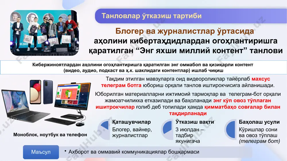 дан – тадбир якунигача тўлов иловалари ва банк карталаридан хавфсиз фойдаланишни тарғиб қилувчи “энг фаол банк жамоаси” танлови республика ҳудудидаги банк филиаллари томонидан креатив ёндашув асосида тарғибот–ташвиқот тадбирлари республика ҳудудида фаолият юритаётган банк филиаллари томонидан “банк картасини кодини бериб қўйиш оқибатлари” тўғрисида тарғибот ва ташвиқот ишларини олиб боришлари лозим бўлади ва энг кўп овоз тўплаган банк жамоаси ғолиб деб топилади танловлар ўтказиш тартиби телевизор марказий банкининг қорақалпоғистон республикаси бош бошқармаси маъсул қаташувчилар банк филиаллари баҳолаш усули овоз тўплаш ўтказиш вақти 3 июлдан – тадбир якунигача эътиборингиз учун раҳмат! image3.jpeg image4.png image6.png image7.png image8.png image5.jpg image9.jpg image10.png image11.jpg image12.png image13.png image14.png image15.jpg image16.jpg image17.jpg image18.png image19.jpeg image20.jpg image1.jpg /docprops/thumbnail.jpeg