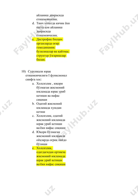 гипертрофияси b. эндокард юпқалашган c. рентгеноскопияда юрак “шарсимон” шаклида d. митрал регургитасия e. эхокгда митрал клапан п-симон шаклда 2) дилятацион кардиомиопатиянинг симптомларини кўрсатинг: a. кардиомегалия, қон айланиш етишмовчилиги, ритм ва ўтказувчанлик бузилиши b. кардиомиодистрофия, гепатомегалия c. ассит d. бош мияда қон айланиш етишмовчилиги e. спленомегалия 3) дилятацион кардиомиопатиянинг экг белгиси: a. тишчалар волтажининг пасайиши, қ ёки қс тишларининг ҳосил бўлиши b. тишчалар волтажининг кучайиши c. у тишчанинг пайдо бўлиши d. миокардда дистрофик ўзгаришлар e. баланд, ўткир т тишча 4) дилятацион кардиомиопатиянинг эхоскопик белгиси: a. юрак бўшлиқларининг диффуз дилятацияси b. чап қоринча дилятацияси c. миокард дискинезияси d. митрал регургитация e. аортал регургитация 5) сурункали гастрит а типида ошқозон секрецияси қандай бўлади: a. ошган b. камайган c. ахилия d. нормал 6) сурункали гастритни қуйидагиларни қайси бири билан фарқлаш керак: a. ошкозон яра касаллиги b. ошкозон усмаси c. сурункали панкреатит d. сурункали холециститм e. хамма санаб ўтилганлар 7) ўсма олди касалликларига кирмайди: a. …