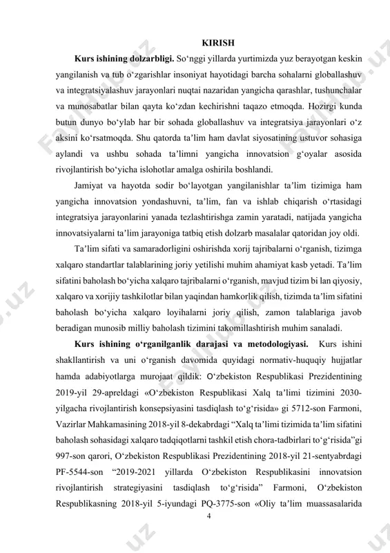 va 38 betdan tashkil topgan. i bob. taʼlim mazmuniga qo‘yiladigan zamonaviy talablar 1.1. xalqaro baholash tizimining asosiy xususiyatlari va taʼlim sohasidagi ahamiyati. o‘zbekiston respublikasi prezidentining 2019-yil 29-apreldagi «o‘zbekiston respublikasi xalq taʼlimi tizimini 2030-yilgacha rivojlantirish konsepsiyasini tasdiqlash to‘g‘risida» gi 5712-son farmonida 2030-yilga kelib pisa xalqaro dasturi reytingida jahonning birinchi 30 ta ilg‘or mamlakatlari qatoriga kirishiga yerishish hamda xalq taʼlimi tizimida taʼlim sifatini baholash sohasidagi xalqaro tadqiqotlarni tashkil etish asosida taʼlim sifatini baholashning milliy tizimini yaratish vazifalari belgilangan[footnoteref:1].o‘zbekiston respublikasi vazirlar mahkamasining “xalq taʼlimi tizimida taʼlim sifatini baholash sohasidagi xalqaro tadqiqotlarini tashkil etish chora tadbirlari to‘g‘risida” gi 997-sonli qarorida eng ustuvor vazifa qilib quyidagilar olindi: [1: o‘zbekiston respublikasi prezidentining 2019-yil 29-apreldagi «o‘zbekiston respublikasi xalq taʼlimi tizimini 2030-yilgacha rivojlantirish konsepsiyasini tasdiqlash to‘g‘risida» gi 5712-son farmoni(qonun hujjatlari ma’lumotlari milliy bazasi, 29.04.2019-y., 06/19/5712/3034-son)] - xalqaro tadqiqotlar natijalariga asoslangan holda o‘qish; - pisa, pirls, baholash dasturi yo‘nalishidagi savollar milliy bazasini yaratish va o‘quv dasturlariga integratsiya qilish. o‘zbekiston …