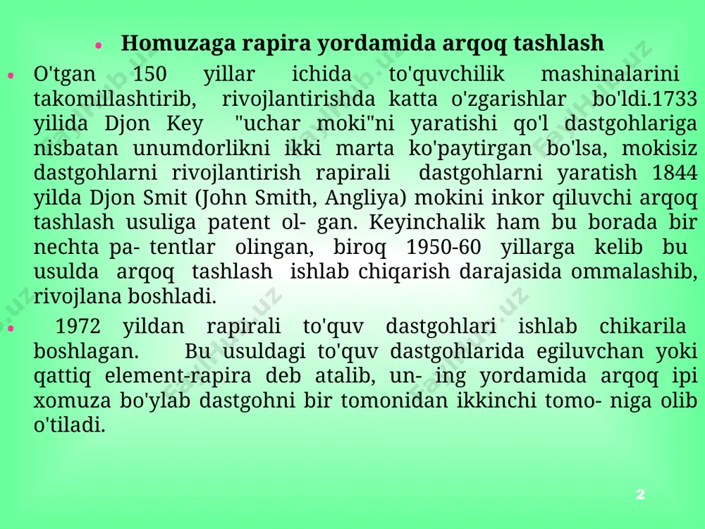 'quv dastgohlarida (iwer, angel-fayolle) foydalaniladi. таълим ма+садлари * bu sistema turi juda kam qo'llanilib, acult va mintiss to'quv dastgohlaridagina foydalaniladi. qisqich boshlang'ich joyiga konveyer tasmalar yordamida yoki rapiralar uchrash- ganda bo'sh qisqichni uzatuvchi rapmraga o'tkaziladi. таълим ма+садлари * ikki faza rapirali ikki fazali to'quv dastgohlari juda kam tarqalgan bo'lib, dastgoh ishchi eni 185x2sm va 220x2 sm, tezligi 1200 m/min, shodalar soni 14 tagacha bo'lgan «saurer-500» dastgohiga shunday turdagi arqoq tashlash mexanizmi o'rnatilgan. dastgohda ikkita polotnoda ikki xil zichlikli tukima olish mumkin. bosh valning 3600 da ikkita arqoq ipi xomuga tashlanadi. таълим ма+садлари * rapirali to'qo'v dastgohlari arqoq tashlash metodi bo'yicha ikki turga bo'linadi: 1) gabler (gabler system) 2) devas (dewas system) gabler sistemasining o'zi yana ikki turga bo'linadi: a) bir tomonlama arqok tashlash; b) ikki tomonlama arqoq tashlash таълим ма+садлари * draper dsl, gusken va x.k.z to'quv dastgohlarida gabler sistemasi yordamida arqoq ipi xomuzaga tashlanadi. picanol, dornier, somet, smit, crompton, …