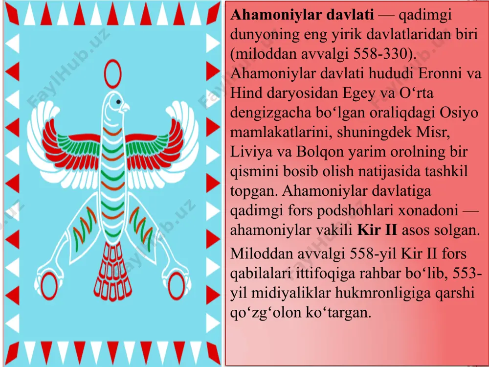 algi 520-518-yillarda yuz bergan. ahamoniylar hukmronligiga qarshi ozodlik va erk deb bosh ko'targan xalq qahramonlari timsoliga shiroq harakati ham yorqin misol bo'la oladi. jangnoma tilidagi mashhur afsona hisoblangan «shiroq» tarixiy voqealar asosida vujudga ke1gan va barchaning e'tiborini o'ziga tortgan. bu qadimgi afsonani birinchi marta yunon tarixchisi poliyen o'zining «harbiy hiylalaf» degan asarida keltirgan. asarda shiroq - siyrak deb nomlangan. afsonada sak qabilasidan chiqqan otboqar shiroqning buyuk ja orati, tadbirkorligi, vatanparvarligi va erkparvarlik fazilatlari hikoya qilinadi. shiroq o' z qabilasi manfaatlarini himoya qilib, eron shohi doro lasbkarlariga qarshi chiqadi va harbiy hiyla bilan uning qo'sbinlarini chalg'itib, suvsiz, qizilqumning dasht-sahrosiga boshlab boradi. suvsizlik ochlikdan, darrnonsiz qolgan g'anim lashkarlari halokatga uchraydi. el-yurt vayrongarchilikdan saqlab qolinad o’rta osiyo ahamoniylar davlati tarkibida 12323 15 o’lka 16 o’lka baqtiriylar,marg’iyo-naliklar egllar saklar kasiylar parfiyaliklar xorazliklar sug’diylar ariylar satrapliklar 12 o’lka soliqlar turi va hajmi 360 talant 250 talant 300 talant kumush tuyalar hunarmandchilik buyumlari otlar kiyim-kechaklar gazlamalar …