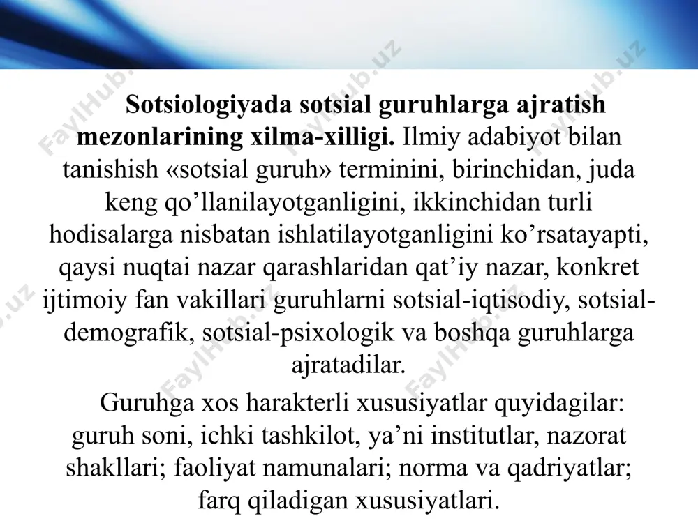 ashkil topadi., har bir sotsial institut faoliyat maqsadi, unga erishishni ta’minlovchi konkret funksiyalar, ushbu insitutga xos bo’lgan sotsial pozitsiya va rollar shuningdek, maqsadga muvofiq, kerakli hatti-harakatni rag’batlantiruvchi va deviant hatti-harakatlarga qarshi qaratilgan tzyiqlar tizmi bilan tavsiflanadi www.themegallery.com company logo www.themegallery.com company logo siyosiy institutlar muayyan hokimiyat mavjudligini ta’minlaydi iqtisodiy institutlar moddiy ne’matlarning ishlab chiqarilishini va taqsimlanishini ta’minlaydi www.themegallery.com company logo sotsiologik institutlar oila siyosat din iqtisod ta’lim huquq ijtimoiy hayotning muhim jabhasi bo’lgan din va diniy e’tiqod masalasi sotsiologiya fanining muhim obyektlaridan biri hisoblanadi. sotsiologiya jamiyat hayotini o’rganar ekan shu hayotning muhim tarkibiy qismi bo’lgan va ayni paytda unga kuchli ta’sir o’tkazuvchi omil-din doimo uning diqqat markazida turadi.sotsiologiya fanining asoschisi bo’lgan o.kont jamiyat taraqqiyotini davrlarga bo’lar ekanasosiy mezonlardan biri sifatida dinga murojaat qiladi. www.themegallery.com company logo dinning o’ziga xos xususiyatlari: muayyan e’tiqod va ta’limotning mavjudligi marosim va rasm-rusmlar mavjudligi diniy marosim va rasm-rusmlarning muayyan qismi faqat belgilangan joyda jamoa bo’lib …