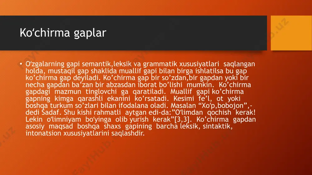 a qo‘llaniladi. ular muallifga bir fikrni ifodalashda ijodiy yondashuv imkoniyatini beradi m. nurmatov (lingvistik nazariya) nurmatov o‘z asarlarida o‘zlashtirma gaplar va to‘g‘ridan-to‘g‘ri gaplarning sintaktik va semantik farqlarini tahlil qilgan. u quyidagilarni ta’kidlaydi: o‘zlashtirma gaplarda matnning mantiqiy bog‘liqligi va yaxlitligi saqlanadi. nutqning turli kontekstlariga moslashuv imkoniyati yuqori. xulosa: tilshunos olimlar o‘zlashtirma gaplarni: tilning kommunikativ va ekspressiv vazifalarini oshiruvchi vosita deb biladi. stilistik jihatdan boy, semantik jihatdan esa aniq va tushunarli gap shakli sifatida taʼriflaydi. foydalanilgan adabiyotlar roʻyxati: r. sayfullaevani,b.mengliyev, l.raupova, m.qurbonov, m. abulazova,d. yoʻldosheva. hozirgi oʻzbek adabiy tili. “ innovatsiya va rivojlanish nashriyot matbaa-uyi”-2020. 2.shukur xolmirzayev, saylanma ii-jild3.tanlangan asarlar” a.abdurahmonov , sh.shoabdurahmonov va p. xojiyev . ʼʼoʻzbek tili gramatikasi” .ll tom.- t., “fan”, 1976.560-bet. gʻ. abdurahmonov . ʼʼhozirgi oʻzbek adabiy tili “.-toshkent. “ oʻqituvchi” nashriyoti. – 1979. 204- bet eʼtiboringiz uchun raxmat image2.png image3.png image1.png /docprops/thumbnail.jpeg