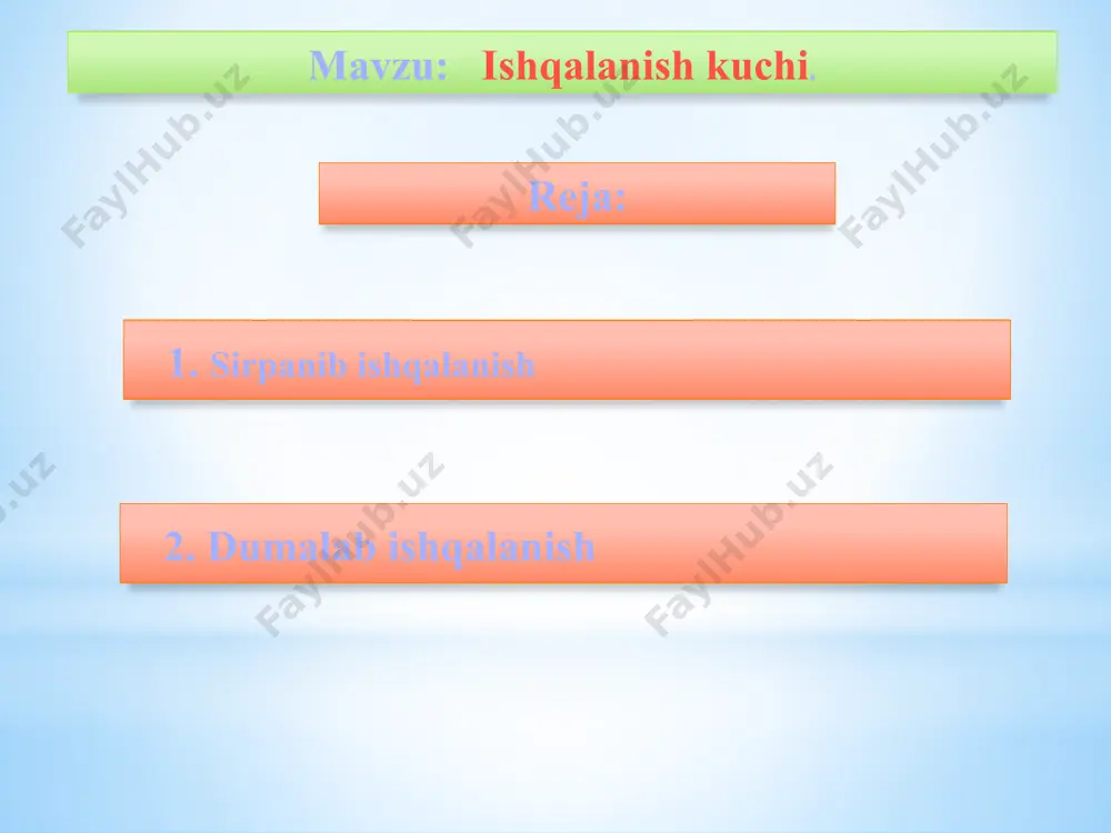 a’kidlangan, ya’ni: fmax=fn (1) 1-shakl q bu yerda n-normal bosim, f-proporsionallik koeffitsienti. bu ishqalanish koeffitsienti deyiladi. (1) tenglamadan ko’rinadiki, ishqalanish koeffitsienti f o’lchovga ega bo’lmagan miqdordir. u jismlarning moddiyligiga, ular sirtlarining fizik holatlariga (g’adir-budurligi, namlik, harorat va boshqalarga) bog’liq bo’ladi. ishqalanish koeffitsienti tajribalar yordamida aniqlanadi. odatda tavsif qilingan tajribadan foydalanish qulayroq. ishqalanishda (1) tenglama o’rinlidir, faqat harakatdagi ishqalanish koeffitsienti, statik ishqalanish koeffitsientidan birmuncha kamroqdir. shunday qilib bog’lanishning to’liq reaksiyasi max normal reaksiya va unga perpendikulyar bo’lgan ishqalanish kuchlarining yig’indisidan iborat bo’lib, normal bilan qandaydir  burchak tashkil qiladi. ishqalanish kuchi noldan fmax gacha o’zgarganda, to’liq reaksiya dan rmax gacha, uning normaldan og’ish burchagi noldan  gacha o’zgaradi. to’liq reaksiyaning sirtning normali bilan tashkil qilgan burchakning maksimal miqdori -ishqalanish burchagi deb ataladi. (2-shakl) ishqalanish kuchi urinma tekislikda ixtiyoriy yo’nalishni oladi, chunki sirpantiruvchi kuchga bog’liq. bog’lanishning to’liq reaksiyasi yo’nalishini olishi mumkin bo’lgan geometrik o’rni, qandaydir, uchi jismlarning tegishib turgan nuqtasida bo’lgan konus …
