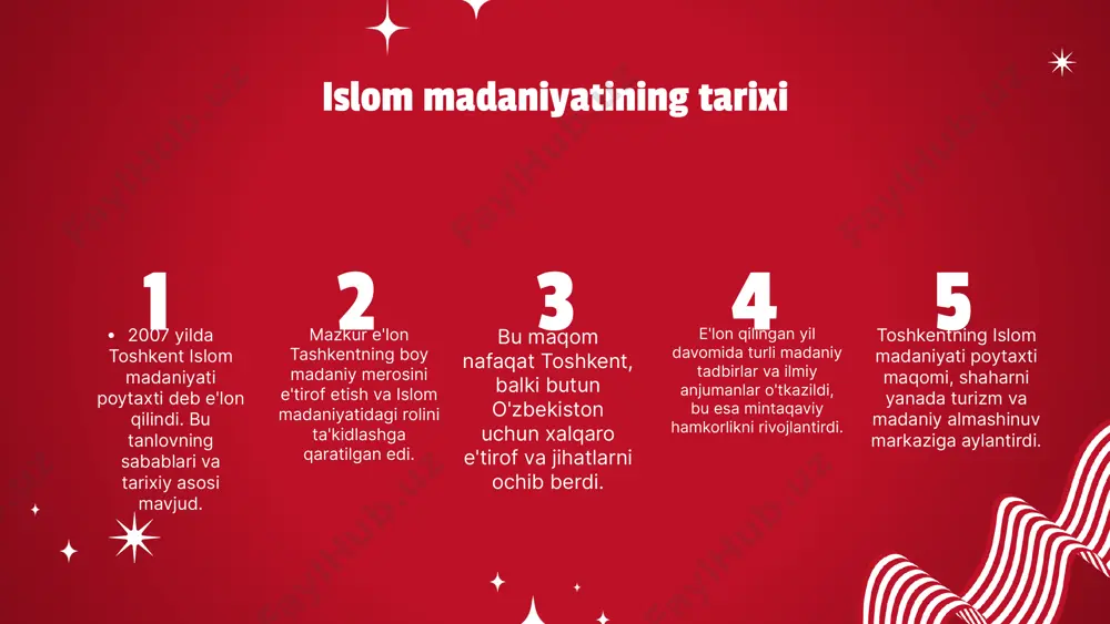 li 2007 yilda toshkent islom madaniyati poytaxti deb eʼlon qilinishi, shaharning madaniy va tarixiy ahamiyatini yanada oshirdi. bu maqom, toshkentning jahon miqyosida islom madaniyatini rivojlantirishdagi o'rnini mustahkamladi. toshkentda islom madaniyatining rivojlanishi, shaharning bugungi kun madaniy hayotiga katta ta'sir ko'rsatgan. photo by zoran zonde stojanovski on unsplash madaniy tadbirlar va toshkent toshkentda o'tkazilgan madaniy tadbirlar islom madaniyatini yuksaltirishda muhim ahamiyat kasb etadi. 1. islom madaniyati va san'ati festivali: san'atkorlar asarlari orqali madaniy almashinuv. 2. «islom madaniyati yili»: seminarlar va ko'rgazmalar orqali islom merosi targ'iboti. 3. qur'on musobaqalari: islomiy bilimlarni oshirish va jamiyatda birlik. 4. an'anaviy ko'rgazmalar: islom san'ati va hunarmandchiligi namoyishi. 1 2 3 4 5 toshkentdagi islom arxitekturasi toshkentda joylashgan mashhur islom arxitekturasi obidalari orasida xast imom majmuasi, kukaldosh madrasasi va baroqxon maqbarasi alohida o'rin tutadi. xast imom majmuasi: asosan 16-asrda qurilgan, bu yerda musulmon olamining muhim asarlaridan biri, usmon qiroli qur'oni saqlanadi. kukaldosh madrasasi: 16-asrda qurilgan bo'lib, o'zining go'zal …