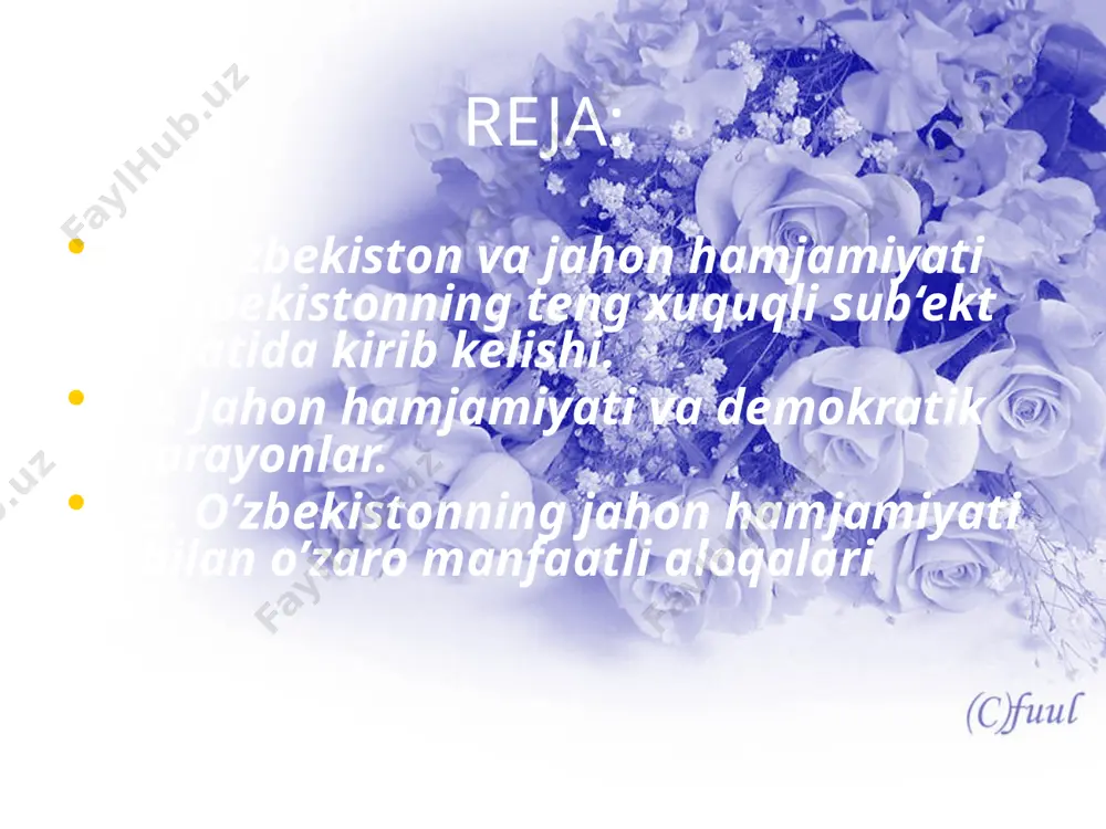 batlarning rivojlanishida birlashgan millatlar tashkilotining tuzilishi muhim ahamiyatga ega bo’ldi (1945 yil). bu tashkilotning ustavida xalqaro munosabatlarda amal qiladigan tamoyil ko’rsatilgan. bular quyidagilardan iborat: davlatlarning suveren tengligini hurmat qilish, ularning ichki ishlariga aralashmaslik; tinch-totuv yashash siyosatiga og’ishmay amal qilish; xalqaro kelishmovchiliklarni siyosiy yo’l bilan hal etish; davlatlar chegarasining daxlsizligi va hududning bir butunligini tan olish; inson huquqlarini hurmat qilish; millatlar va elatlarning o’z huquqlarini o’zlari belgilash; xalqaro majburiyatlarga vijdonan amal qilish. o’zbekistonning tashqi siyosati mamlakat milliy manfaatlarini hisobga olgan holda belgilanib olingan. o’zbekiston respublikasi konstitutsiyasining 17 moddasida: “o’zbekiston respublikasi xalqaro munosabatlarning to’la huquqli sub‘ektidir. uning tashqi siyosati davlatlarning suveren tengligi, kuch ishlatmaslik yoki kuch bilan tahdid qilmaslik, chegaralarning daxlsizligi, nizolarni tinch yo’l bilan hal etish, boshqa davlatlarning ichki ishlariga aralashmaslik qoidalariga va xalqaro huquqning umume‘tirof etilgan boshqa qoidalari va normalariga asoslanadi. respublika davlatning, xalqning oliy manfaatlari, farovonligi va xavfsizligini ta‘minlash maqsadida ittifoqlar tuzishi, hamdo’stliklarga va boshqa davlatlararo tuzilmalarga kirishi va …