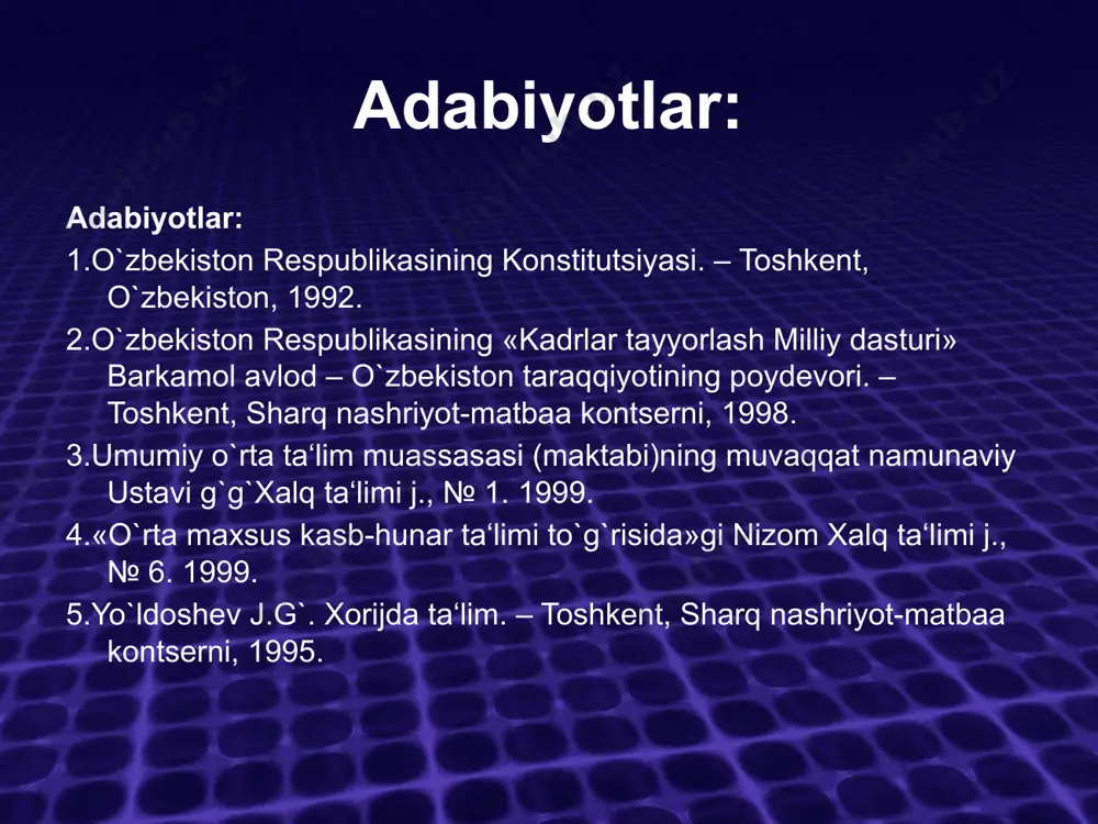 ari. o`zbekiston respublikasining «ta‘lim to`g`risida»gi qonunining 3-moddasida ta‘lim sohasidagi davlat siyosatining asosiy tamoyillari ko`rsatib o`tilgan. ular quyidagilardan iborat: -ta‘lim-tarbiyaning insonparvar va demokratik xarakterda bo`lishi, -ta‘lim tizimining uzluksizligi va izchilligi; -umumiy o`rta, shuningdek, o`rta maxsus kasb-hunar ta‘limining yo`nalishlarini tanlashning ixtiyorligi; -ta‘lim tizimining dunyoviy xarakterda ekanligi; davlat ta‘lim standarti doirasida ta‘lim olishning hamma uchun ochiqligi; -ta‘lim dasturini tanlashga yagona va tabaqalashtirilgan yondoshuv; - bilimli bo`lishni rag`batlantirish; -ta‘lim tizimida davlat va jamiyat boshqaruvini tuyg`unlashtirish o`zbekiston respublikasining «ta‘lim to`g`risida»gi qonunida alohida urg`u berilganidek, ta‘limni tashkil etishning asosiy maqsadi – jamiyatda intellektual va ilmiy potentsialni rivojlantirish, jamiyat, oila va davlat oldidagi burchi, javobgarligini anglaydigan barkamol va mustaqil fikrli shaxsni shakllantirishdan iborat ta’lim tizimini jamoatchilik sosida boshqarish o‘qituvchilar, o‘quvchilar, ota-onalar va jamoatchilik vakillaridan iborat pedagogik kengashning ta’lim muassasasi faoliyatini samarali tashkil etishga yo‘naltirilgan faoliyati o`zbekiston respublikasining «ta‘lim to`g`risida»gi qonunining 3-moddasida ta‘lim sohasida davlat siyosatining asosiy tamoyillaridan biri ta‘lim va tarbiyaning insonparvar va demokratik xarakterda bo`lishi ko`rsatilgan. …