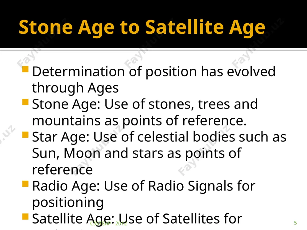 ellation how does gps work? 33 34 satellite based navigation receiving signals from 4 satellites to calculate position gps space segment 35 gps satellite constellation: 24 gps satellites in meo (medium earth orbit) satellites in 6 orbital planes, 4 satellites per orbital plane satellites at a height of of 20200 km above the surface of the earth orbital planes inclined at 55o with respect to the equatorial plane orbital period is about 11 hours 58 minutes essc 541-542 lecture 4.14.05 36 control segment master control station monitor station ground antenna colorado springs hawaii ascension islands diego garcia kwajalein monitor and control 36 the second segment we'll talk about is the operational control segment. this segment consists of 5 monitor stations on islands near the equator (hawaii, ascension, diego garcia, and kwajelin) and one master control station located at falcon afb, co. all of these stations track the gps signals, and …