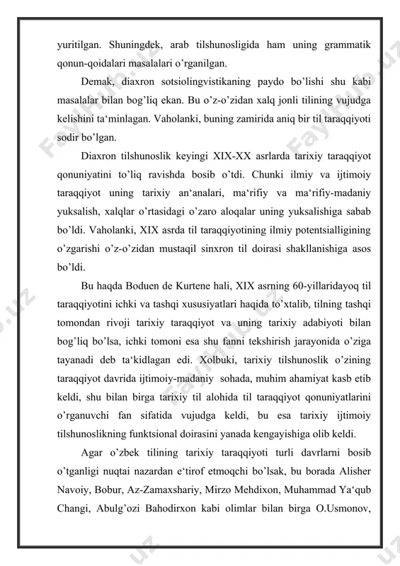 gvistik aspektlari. 4. ichki va tashqi faktor asosida tilning evolyutsiyasi hamda uning o’zaro aloqadorligi. 5. tilning taraqqiyot qonuniyatlarini tushunish darajasi. 6. tarixiy-ijtimoiy tilning she‘riyat dunyosini vujudga keltirishdagi o’rni. 7. tilning ijtimoiy ma‘no kasb etishi kabilar diaxron sotsiolingvistikaning asosiy muammolaridir. ta‘kidlaganimizdek, ijtimoiy tilshunoslik konkret bir tilning, xususan, o’zbek tilining tarixiy taraqqiyot qonuniyatini diaxron aspektda o’rganishi mumkin. xulosa qilib aytganda, tilning funktsional davri va uning rivojlanish qonuniyatlari tarixiy ijtimoiy til bilimlarini puxta va mukammal o’rganish asosida amalga oshar ekan. shu o’rinda tarixiy sotsiolingvistikani rivojlantirish asosida quyidagi maqsad va vazifalar yotadi; til taraqqiyotini turli davr va sferalar asosida o’rganish (o’zbek tilini eng ibtidoiy qabila va urug’ tillarida bugungi kundagi milliy tilimiz taraqqiyoti bilan) tillarni qondosh, qarindosh yoki qarindosh bo’lmagan tillar bilan qiyosiy-chog’ishtirish asosida tarixiy qatlamlarini o’rganish. masalan, o’zbek tilini turkiy tillar, jumladan, qozoq, qirg’iz, qoraqalpoq, tatar, boshqird kabi tillar bilan qiyoslash asosida o’rganish va forsiy tillar bilan chog’ishtirish kabi. tarixiy-ijtimoiy til qonuniyatlarini badiiy …