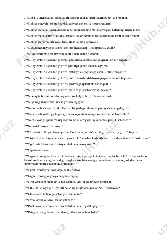 ???ekzogen infektsiyaning kirib borish yo'llariga kirmaydi? ???epidermal allergiya bilan og'rigan bemorlarga: 1. quturishga qarshi immunoglobulin 2. grippga qarshi jonli vaktsina; 3. qoqsholga qarshi anatoksin; 4. tetanozga qarshi sivortka; 5. penitsillin? ???gelmintozning o'tkir bosqichida kuzatilmaydi? ???gemostatik jgut qo'llash vaqti qanday? ???gepatit b ga qarshi bolalar qaysi kun va oylarda emlanadi? ???hasharot chaqishi qat'iyan man etiladi? ???havo yetishmasligining subyektiv hissi bilan kechadigan nafas olish harakatlarining chastotasi va chuqurligining buzilishi nima deb ataladi? ???hayotning 1 yoshidagi bolalarning oziq-ovqat bilan ta'minlanishini baholashning o'ziga xos xususiyatlariga bundan mustasno hammasi kiradi? ???hayotning birinchi yilida erta tug'ilgan chaqaloq nevrolog tomonidan tekshirilishi kerakmi? ???immunitet sxemasi keltirilgan qator? ???immunitet turlarini ko'rsating? ???ishqor bilan kimyoviy kuyishda birinchi tibbiy yordam ko'rsatish ketma-ketligini aniqlang: 1) terini oqar suv bilan yuvish; 2) shikastlangan joyni zaif eritma (1-2%) sirka kislotasi bilan yuvish; 3) ishqorga botgan kiyimlarni olib tashlash; 4) jabrlanuvchini tibbiy muassasaga yetkazish; 5) menga og'riq qoldiruvchi dori bering? ???issiq urish uchun birinchi yordamning …