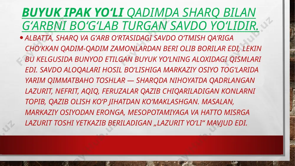 atib, mol-mulki va boshqa narsalarni manzildan-manzilga yetkazib qo`ysinlar. yo`l ustida birortasining narsasi yo`qolsa, o`zi o`ldirilsa yoki boshqa kor-hol yuz bersa, bular uchun javob berish ularning zimmasida bo`lsin.» deb bejiz ta`kidlab o`tmagan. buyuk ipak yo`li temuriylar davrida. amir temur tashabbusi bilan mamlakatning har bir yirik shaharlarida savdo karvonlarining kirishi va chiqishini nazorat qiluvchi davlat nazorat xizmati va maxsus bojxonalar tashkil etilgan. savdo karvonlaridan mollarning hajmi. miqdoriga qarab boj to`lovlari undirilgan. bu davrda poytaxt samarqand dunyo savdogarlarining yirik markaziga aylandi.uning keng ko`chalari bo`ylab maxsus qurilgan muhtasham karvonsaroylar, savdo bozorlari, rastalarda tunu-kun savdo ishlari to`xtamagan. turli mamlakatlardan kelgan savdogarlar o`z mollarini xaridorlarga sotganlar yohud o`zlariga kerakli mollarni xarid qilganlar. buyuk ipak yo`li temuriylar davrida. e’tiboringiz uchun raxmat! image3.jpg image4.jpeg image5.jpeg /docprops/thumbnail.jpeg