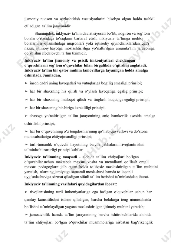 ladi: umumiy kasalliklar (ish bilan bogʻliq boʻlmagan) oqibatidagi nogironlik; turmushdagi baxtsiz hodisalar natijasida shikastlanish oqibatida yuz bergan nogironlik; ishlab chiqarishdagi jarohatlar va kasb kasalligiga duchor boʻlish natijasidagi nogironlik; kasb kasalligiga chalinish tufayli yuz bergan nogironlik; oʻzbekistonni himoya qilish yoki boshqacha tarzda harbiy burchni bajarish paytida roʻy bergan nogironlik; harbiy burchni bajarish bilan bogʻliq boʻlmagan harbiy xizmatni oʻtash davridagi nogironlik. bu boradagi tartib-qoidalar oʻzbekiston respublikasi vazirlar mahkamasining 1994-yil 24-noyabrdagi 317-son qarori bilan tasdiqlangan "tibbiy-mehnat ekspertiza komissiyalari toʻgʻrisida nizom"da koʻrsatib oʻtilgan. oʻzbekiston respublikasi vazirlar mahkamasi 1995-yil 11-noyabrda "oʻzrning nogironlarni reabilitatsiya qilish borasidagi chora-tadbirlari davlat dasturi toʻgʻrisida" qaror qabul qildi. mazkur qarorning ijrosi nogironlarni reabilitatsiya qilish markazlari sistemasi (nogironlarni tibbiy-ijtimoiy va kasb boʻyicha reabilitatsiya qilish milliy markazi, tayanch-harakat sistemasi kasalliklarida nogironlar reabilitatsiya markazi va 10 ta umumiy tipdagi hududiy reabilitatsiya markazlari) tashkil etildi. bular joylardagi tmeklar bilan hamkorlikda nogironlarni tibbiy-ijtimoiy reabilitatsiya qilish chora-tadbirlarini amalga oshiradi inklyuziv ta’limni oiladan maktabgacha ta’lim muassasalarida, umumta’lim maktablarida, …
