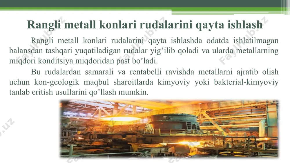 a ruda qatlamidan sizib oʼtib maʼlum doirada (305 m. gorizontda) yigʼiladi va u yerdan nasoslar orqali misni ajratish uchun joʼnatiladi. foydalanilgan adabiyotlar adamov e.v., panin v.v. biotexnologiya metallov. kurs leksii. - m.: misis, 2003. - 148 s. v.g. kulebakin bakterialnoe vыщelachivanie sulfidnыx mineralov. – izdatelstvo: nauka, 2001. - 432 s. mineev g.g. biometallurgiya zolota. –m.: metallurgiya, 2002. - polkin s.s. obogaщenie rud i rossыpey redkix i blagorodnыx metallov. – m.: nedra, 2009. - 350 s. promыshlennaya mikrobiologiya. pod red. prof. n.s.yegorova.-m.: vыsshaya shkola, 2001. 688 s. sanakulov k.s. nauchno-texnicheskie osnovы pererabotki otxodov gorno- metallurgicheskogo proizvodstva. –t.: fan, 2009. – 405 s. http://www.agmk.uz http://www.ngmk.uz http://www.sciteclibrary.ru e’tiboringiz uchun rahmat !!! image2.png image3.png image4.png image5.png image6.png image7.png