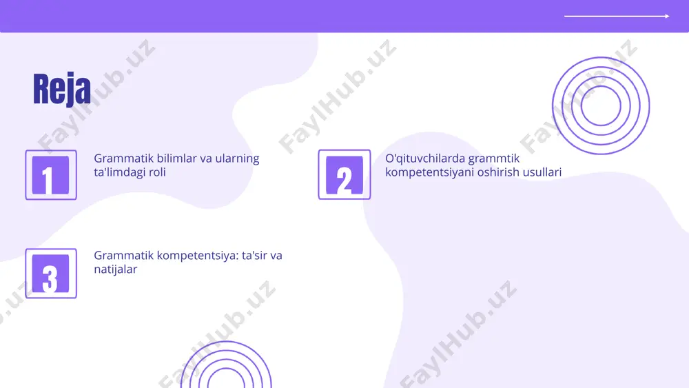 yatiga ega bo'ladilar. ta'lim metodlari va strategiyalari samarali ta'lim metodlari o'quvchilarning grammatik bilimlarini rivojlantirishda muhim rol o'ynaydi. interaktiv darslar, o'yinlar va jamoaviy faoliyatlar orqali o'quvchilar o'z bilimlarini amalda qo'llash imkoniyatiga ega bo'lishadi. shuningdek, takroriy mashqlar va individual yondashuvlar, o'quvchilarning grammatik qobiliyatlarini mustahkamlashda yordam beradi. o'qituvchilarda grammatika kompetentsiyasini oshirish ahamiyati grammatika kompetentsiyasini oshirish o'qituvchilarning ta'lim jarayonidagi samaradorligini oshiradi. bu, o'quvchilar bilan muloqotda yanada muvaffaqiyatli bo'lishlariga yordam beradi. zamonaviy ta'limda zamonaviy ta'limda o'qituvchilar bilim berishdan tashqari, o'quvchilarni rivojlantirishda ham muhim rol o'ynaydilar. ularning grammatika bilimlari ta'limni yanada boyitadi. grammatik kompetentsiyaning grammatik kompetentsiya til qoidalarini tushunishga yordam beradi. o'qituvchilar bu bilimlar orqali o'quvchilarga tilni to'g'ri ishlatishni o'rgatadilar. innovatsion usullar va metodlar muammo asosida o'qitish muammo asosida o'qitish usuli o'quvchilarning grammatikani amaliyotda qo'llash qobiliyatini rivojlantirishga yordam beradi. bu usul o'quvchilarga grammatika qoidalarini muammolarni hal qilish jarayonida qo'llash imkonini beradi, natijada ular o'z bilimlarini mustahkamlashadi. interaktiv metodlar interaktiv metodlar, masalan, guruh ishlari va munozaralar, o'quvchilarning …