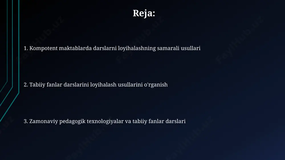 viloyatidagi maktablarda 25 ta turli xil o‘simliklarning fotosintez jarayonini kuzatish uchun 30 kundan ortiq davom etgan 2-3 kishidan iborat 5 ta guruhda amaliy mashg‘ulotlar o‘tkazildi. o'qituvchilarning professional rivojlanishi samarqand shahridagi 100 nafar o'qituvchidan olingan so'rovnoma natijalariga ko'ra, 70% o'qituvchi yangi pedagogik texnologiyalarni qo'llashda doimiy professional rivojlanish kurslariga ehtiyoj sezmoqda. 2023-yilda o'zbekistonning 5 ta viloyatida o'tkazilgan tadqiqotlar shuni ko'rsatdiki, o'qituvchilarning professional rivojlanishiga investitsiyalar o'quvchilarning 15% ga yaxshilanishiga olib keldi. kompotent maktablar uchun tabiiy fan darslarini loyihalash usullarini o'rganish toshkent shahridagi 10 ta maktabda o'tkazilgan sinovlar natijalariga ko'ra, interfaol o'quv materiallari va stem texnologiyalaridan foydalanish o'quvchilarning tabiiy fanlarga bo'lgan qiziqishini 15-20% ga oshirdi. kompetensiya yondashuviga asoslangan 3 ta turli tabiiy fan darslarini loyihalash usullari – loyihaviy, eksperimental va muammoli – o'quv jarayonining samaradorligini 25% ga oshirishga yordam beradi. dars ishlanmalarini yaratishda kompetensiyaviy yondashuv самарқанд вилоятидаги мактабларда ўтказилган тадқиқотлар 40% ўқитувчилар компетенциявий ёндашувга асосланган дарс ишланмаларини яратишда қийинчиликларга дуч келишларини кўрсатди. таълим жараёнида …
