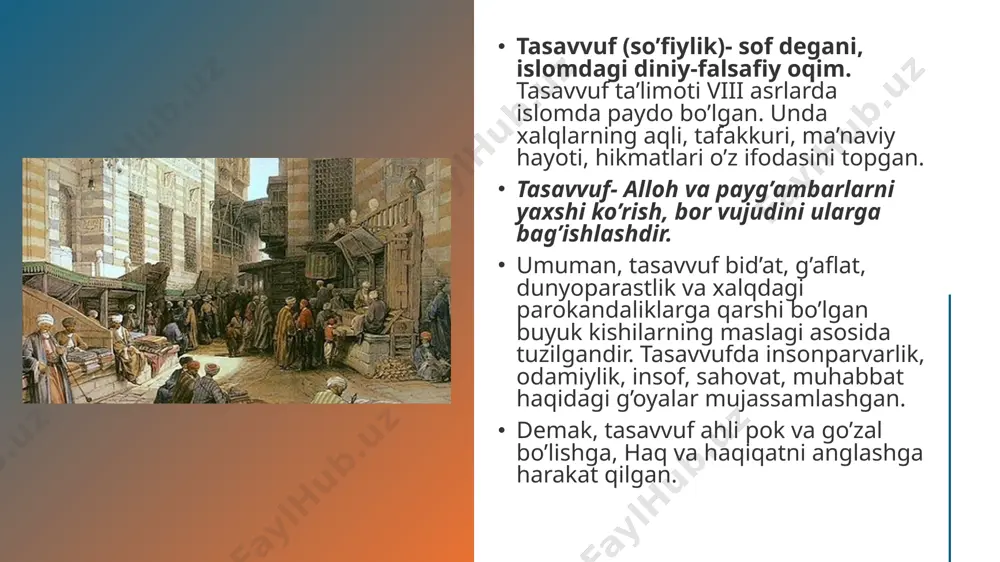 vallud topgan. u 17 yoshligida ilm istab bag‘dodga keladi va u yerdagi mashhur “nizomiya” madrasasida o‘qiydi. hamadoniy hadislar to‘plash maqsadida isfahon, balh, hirot, marv, buxoro va samarqand shaharlariga bir necha bor safar qiladi. hamadoniy bag‘dodda yashagan kezlarida as–sam’oniy, ahmad al–g‘azzoliy (abu homid al–g‘azzoliyning akasi)lardan ham tasavvufga oid ilmlarni o‘rgangan. movarounnahr hayotida muhim rol o‘ynagan mutasavviflardan sayfiddin boharziy, termiz sayyidlari, sayyid baraka, xoja ahror, maxdumi a’zam, miri arab, lutfulloh chustiy, jo’ybor xo‘jalarini aytib o‘tish mumkin. siyosiy tarqoqlik yillarida o‘z tashkilotlari madadiga suyangan bu shayxlarning mamlakat siyosiy hayotiga ta’siri yuqori bo‘lgan. tasavvuf ta’limotiga ko‘ra, tanlangan insonlar (al–xossa) alloh bilan hissiy bog‘lanishi mumkin. natijada ular allohni tanishga erishadilar. qator so’fiy mualliflarga ko‘ra, tasavvufda inson chuqur mushohada va maxsus ruhiy–ma’naviy mashg‘ulotlar natijasida allohning birligi ichida ma’nan “yo‘qolib ketishi” (fano) yoki u bilan “abadiylikka erishishi” (baqo) mumkin. yusuf hamadoniy umrining ikkinchi yarmini ko‘proq hirot, marv, samarqand va buxoro shaharlarida o‘tkazadi. marv va buxoroda xonaqo hamda …