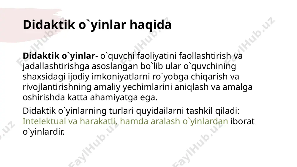 tejamli ta'lim metodlaridan iborat deb takidlaganlar. didaktik o'yinlarning yana bir turi aqliy hujum usulini birinchi marta 1939 - yilda a.f.osborn qo'llagan. bu usulni g'oyalar banki deb ham nomlagan. u muammolarni quyidagicha yechishga asoslanadi: - muammoli vaziyat yaratish; - g'oyalarni shakllantirish; - eng yaxshi g'oyalarni tekshirish, baxolash va tanlash. jumboqli o`yinlar. bu kabi o'yinlar o'quvchilarning matematik salohiyatini oshirish, eslab qolish va bolalar uchun darsni qiziqarli qilish maqsadida qo‘llaniladi. tamom image1.jpeg image2.jpg image3.jpg image4.jpg image5.jpg /docprops/thumbnail.jpeg