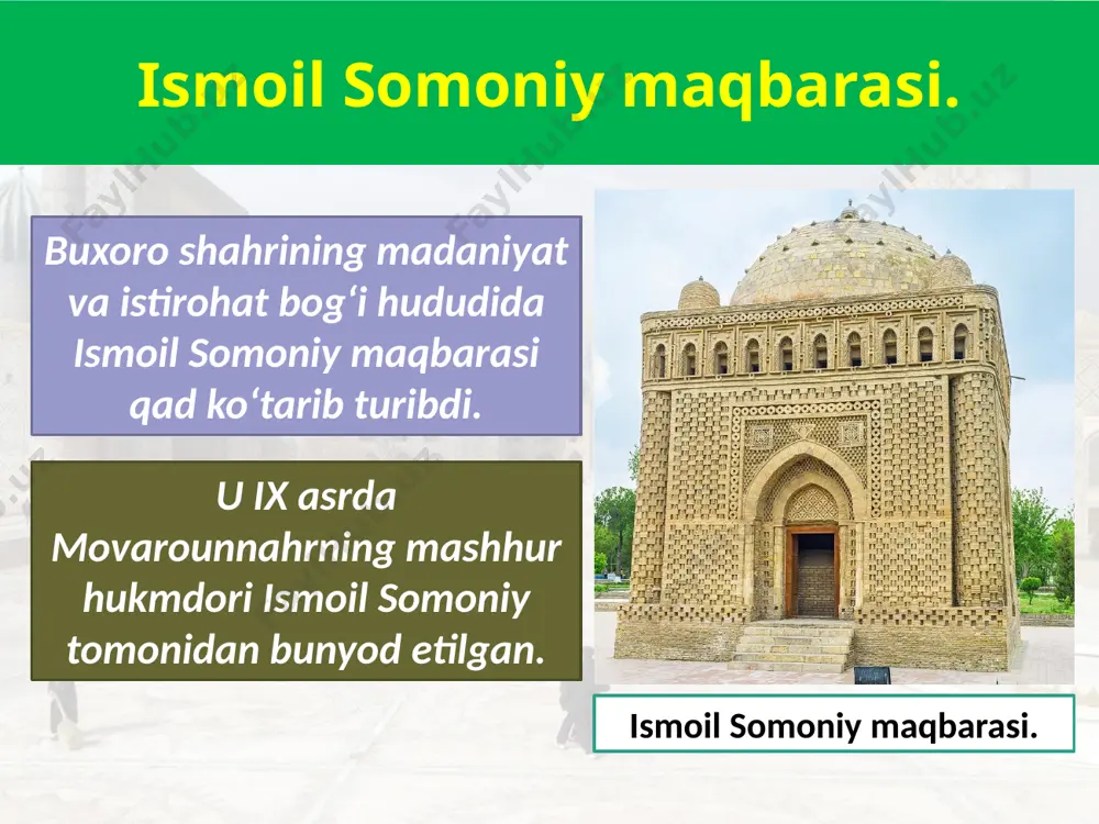 ahrining ichki qismidir. u o‘tmishda ajdodlarimiz mohirlik bilan bunyod etgan 54 ta noyob tarixiy-me’moriy obidalar majmuasiga kiradi. ichan qal’a majmuasi. shuning uchun ham 1961-yildayoq ichan qal’a majmuasi muzeyga aylantirildi. bu muzey-qo‘riqxonaning maydoni 26 gektarni tashkil etadi. 1990-yilda esa xalqaro yunesko tashkilotining qarori bilan ichan qal’a «jahon madaniyati merosi» ro‘yxatiga kiritildi. minora – pastdan yuqoriga qarab kichrayib boradigan tarzda qurilgan baland inshoot. minoralar, asosan, masjid va madrasalar yonida qurilgan. savol va topshiriqlar: 1. ismoil somoniy maqbarasi va minorayi kalon haqida so‘zlab bering. 2. oqsaroy haqida nimalarni bilib oldingiz? 3. ichan qal’aning muzey-qo‘riqxonaga aylantirilganligi va jahon merosi ro‘yxatiga kiritilganligi nimani anglatadi? image2.jpg image3.jpeg image4.jpeg image5.emf image6.jpeg image7.jpeg image8.jpeg image9.jpeg image10.jpeg image11.jpeg image12.jpeg image13.jpeg image14.jpeg image15.jpeg image16.jpeg image17.jpeg image18.jpeg image19.jpeg image1.jpg
