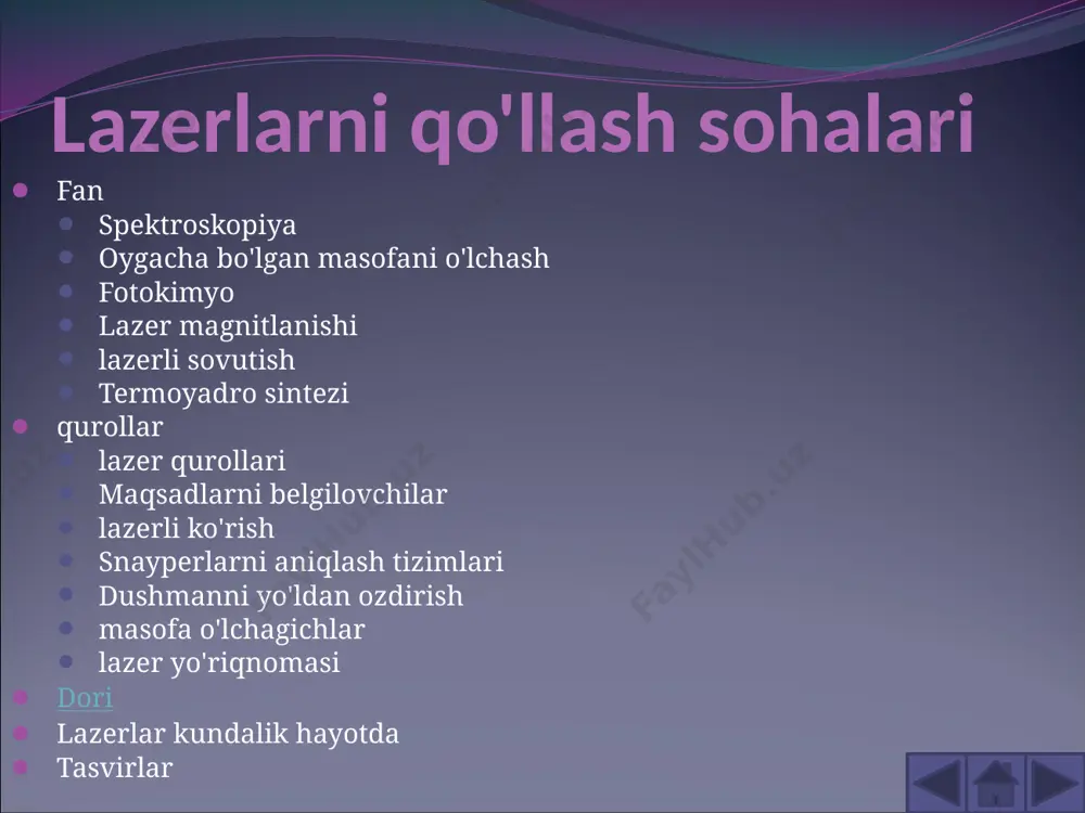 ri hududida issiqlikka aylanadi. lazer nurining etarli kuchi bilan bu nishonning termal yo'q qilinishiga olib keladi. shunday qilib, lazer yordamida, masalan, soch ildizlari, yosh dog'lari va boshqa teri nuqsonlarini tanlab ta'sir qilish mumkin. stomatologiyada lazerlar stomatologiya sohasida, og'iz bo'shlig'i jarrohligidan tashqari, 1964 yilda goldman va boshqalar butun dunyo e'tiborini jalb qilgan kariesni davolash uchun yoqut lazeridan foydalanish imkoniyatini taklif qilishdi. 1967 yilda gordon kariesni olib tashlashga va bo'shliqni yoqutli lazer bilan tayyorlashga harakat qildi, ammo chiqarilgan tishlarda yaxshi natijalarga qaramay, tish pulpasini shikastlamaslikdan qocha olmadi. keyinchalik, co2 lazeri bilan o'xshash asosiy tadqiqotlar ham ushbu muammoga duch keldi. issiqlik hosil bo'lishini minimallashtirish uchun doimiy nurlanish o'rniga impulsli lazerlar qo'llanildi. keyingi tadqiqotlar shuni ko'rsatdiki, nd: yag lazeri kichik lokal anestezik ta'sir ko'rsatishi mumkin. keyingi ishlanmalar emal va dentinni to'liq teshib o'tuvchi er:yag lazerining yaratilishiga olib keldi. shu bilan birga, lazer ko'proq sog'lom tish to'qimasini saqlaydi. bugungi lazerlar bilan deyarli hech qanday istalmagan …