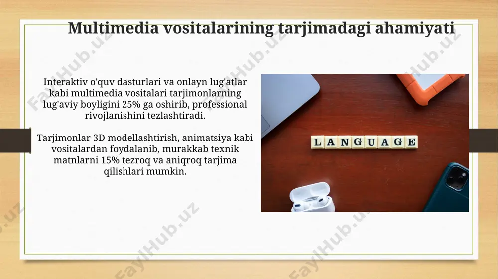 nlayn lug'atlar va mashina tarjimonlari, foydalanuvchilarga 20 dan ortiq tilni o'zaro tarjima qilish imkonini berib, tarjima jarayonini tezlashtiradi va soddalashtiradi. interaktiv mashqlar va testlar orqali o'quvchilar 30% ga yaqin tezroq yangi tilni o'rganib, tarjima mahoratini oshirishlari mumkin, bu esa aniqlik va samaradorlikni yaxshilaydi. tarjimonlar uchun multimedia vositalarining afzalliklari multimedia vositalari 5 dan ortiq tilni bir vaqtda qo'llab-quvvatlaydigan cat vositalari bilan integratsiyalashgan holda tarjimonlarning ish samaradorligini sezilarli darajada oshiradi. multimedia vositalar tarjimonlarga 30% gacha vaqtdan tejashga, shu bilan birga loyihalarni 15% tezroq yakunlashga imkon beradi, samaradorlikni oshiradi. tarjima xotiralari va terminologiya bazalari terminologiya bazalari 5000 dan ortiq atamalarni o'z ichiga olgan holda, tarjimonlarning ishonchli ma'lumotlar bazasiga ega bo'lishlariga va terminologik izchillikni ta'minlashga yordam beradi. multimedia vositalari bilan birgalikda ishlatilganda, tarjima xotiralari va terminologiya bazalari 30% ga yaqin samaradorlikni oshirishi va xatoliklar sonini sezilarli darajada kamaytirishi mumkin. e'tiboringiz uchun rahmat @taqdimot_robot image7.jpg image8.jpg image9.jpg image10.jpg image11.jpg image12.jpg image13.jpg image14.jpg image15.jpg image16.jpg image17.jpg …