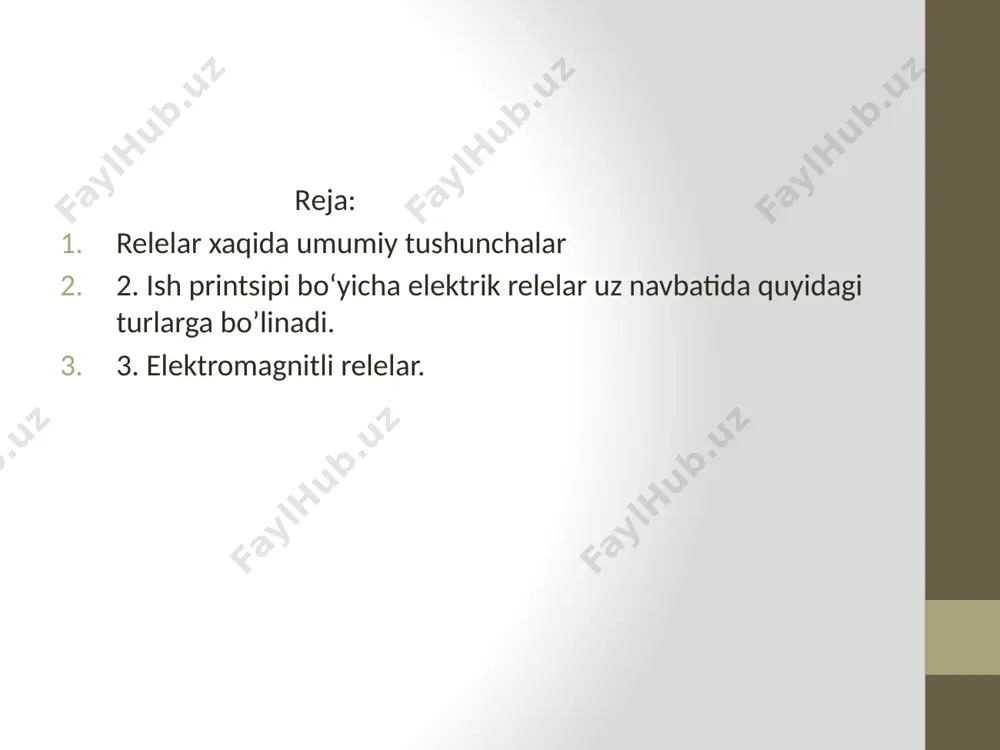 ish prntsipi galtakdagi magnit maydoni bilan ferromagnit yakordan okib utadigan tok kattaligining bir-biriga nisbatan ta’siriga asoslangan. elektromagnitli relelarda kabo’l kiluvchi organ chulgamlar bo’lib, uning kontaktlari ulovchi kismi xisoblanadi. bu relelar uz navbatida kiruvchi tok turiga kura neytral elektromagnit va kutbli relelarga ajratiladi. foydalanilgan adabiyotlar 1. charles k. alexander matthew n.o. sadiku “fundamentals of electric circuits” new york, 2014.-458 p 2. john bird. "electrical and electronic principles and technology" london and new york, 2014.-455 p 3. karimov a.c. elektrotexnikaning nazariy asoslari. darslik. -t.: ukituvchi, 2003. - 422 b. 4. rashidov i.r., abidov k.f., kolesnikov i.k. elektrotexnikaning nazariy asoslari 1. ii. iii kismlar (ma'ruza matinlari tuplami), tdtu, 2002. - 250 6 ziyo.net org.com electrikal.com etiboringiz uchun raxmat! image2.png image3.png image4.png image5.png image6.png image7.png /docprops/thumbnail.jpeg