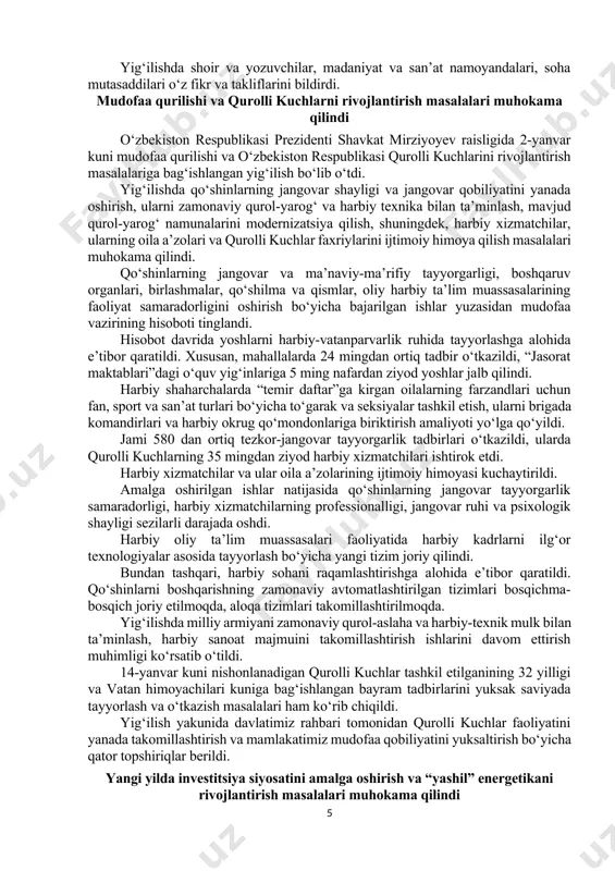 y kadrlarni ko‘paytirish maqsadida ilmiy tadqiqotlar uchun grantlar joriy qilinadi. shuningdek, toshkent davlat sirki binosi ta’mirdan chiqariladi. yettinchidan, xalqaro maydonda o‘zbek madaniy diplomatiyasi kengaytiriladi. kelgusi yili toshkentda jahon kreativ iqtisodiyotiga bag‘ishlangan konferensiya, nukusda esa “orol madaniyati” xalqaro ilmiy anjumani o‘tkaziladi. muzeylar faoliyatini takomillashtirish bo‘yicha yetti yillik dastur qabul qilinadi. tarix muzeyi hamda san’at muzeyining yangi binolari barpo etiladi. temuriylar tarixi hamda tabiat muzeylarining ekspozitsiyasi yangilanadi. alisher navoiy nomidagi adabiyot muzeyi kapital ta’mirlanadi. bundan tashqari, muzeylarimizda, xususan, islom sivilizatsiyasi markazida birinchi va ikkinchi renessans, davlatchilik tarixi va buyuk allomalar faoliyati bo‘yicha yangi ekspozitsiyalar tashkil qilinadi. fransiya bilan hamkorlikda milliy restavratsiya markazi faoliyati yo‘lga qo‘yiladi. muqaddas kitob – usmon qur’oni sahifalari konservatsiya qilinadi. yurtimizning ko‘hna tarixiga bag‘ishlangan 18 ta arxeologiya yodgorligi ochiq osmon ostidagi muzeyga aylantiriladi. samarqandda sohibqiron amir temur bog‘lari qayta tiklanadi, “buyuk ipak yo‘li” muzeyi barpo etilib, bibixonim majmuasi restavratsiya qilinadi. sakkizinchidan, kino sohasi rivojlantiriladi. bu borada “tirik tarix” seriyasida …