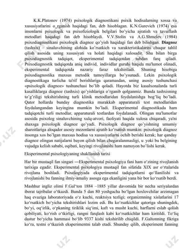 y to’siq yuzaga keldi. mashhur rus psixologi l.s.vigotskiy shaxs psixik taraqqiyoti xususiyatlarini o’rganishga muhim hissa qo’shdi. uning ta'limoti insonga xos bo’lgan psixik jarayonlar va inson ongining tarixiy rivojlanishiga bag’ishlandi. uning fikricha, bolalar psixik taraqqiyoti insoniyat madaniyatini o’zlashtirishi natijasida ro’y beradi. bunda shaxs shakllanishida ta'lim va tarbiya jarayonlari yetakchi ro’l o’ynaydi. psixodiagnostikaning rivojlanishidagi ikkinchi bosqich 50 – 60 -yillarga to’g’ri keladi. bu davrda aqliy taraqqiyotni o’rganishga katta e'tibor berildi. jumladan, a.a.lyublinskaya tadqiqotlarida nutq va uning funktsiyalarining rivojlanish xususiyatlari o’rganilgan. a.r.luriya rahbarligida faoliyatni boshqarishda nutqning roli o’rganildi. a.n.leontev va a.v.zaporojets rahbarligida asosiy psixik jarayonlarning rivojlanishida faoliyatning ro’li o’rganilgan. d.b.elkonin rahbarligida nutqning rivojlanishi va bog’cha davrida o’yinning yetakchi faoliyat turi sifatidagi ro’li aniqlandi. bu tadqiqotlardan olingan natijalar bolalar uchun ta'lim va tarbiya dasturlarini tuzishda asos bo’lib xizmat qildi. rus psixologlari tomonidan ishlab chiqilgan aqliy taraqqiyotni sifatiy tahlil qilish tamoyili qator vazifalarni hal qilishda o’z mahsuldorligini namoyon qildi va ko’pgina tadqiqotlarda o’z aksini topdi …