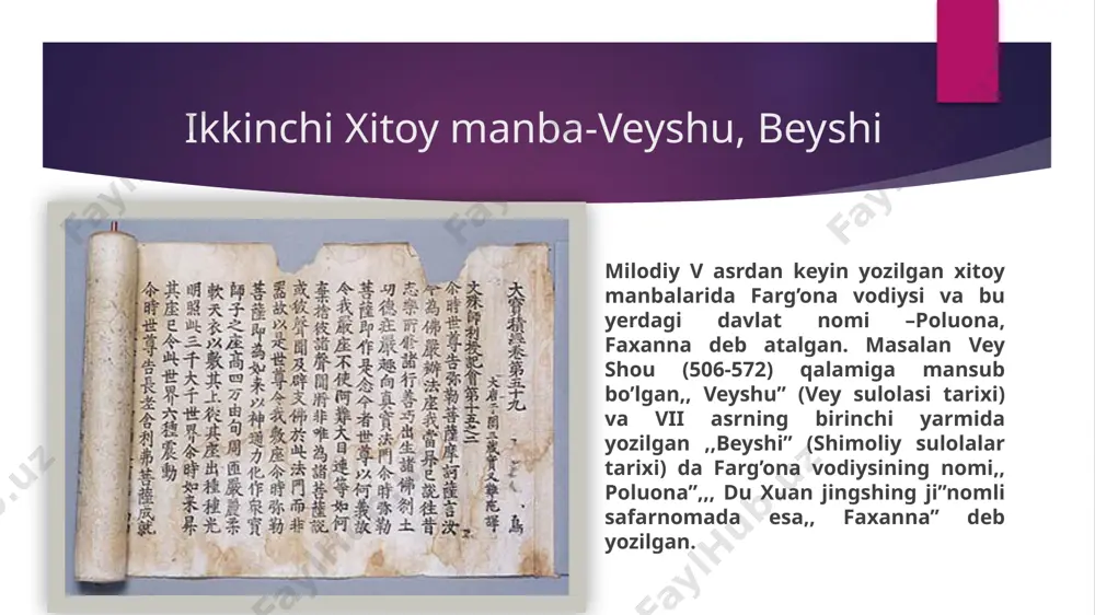 avom etadi. shosh daryosidan kechib o‘tilsa, shaharning qarshisida o‘tloqlar va ko‘p sonli yaylovlar. shuningdek, bir kunlik yo‘l masofadagi yerda qumlar yotibdi al-muqaddasiy esa quyidagi ma‘lumotlarni keltirib axsikat farg‘onaning poytaxti, keng va atrofi daraxtlar bilan o‘ralgan muhim shahardir. irmoqlarning barchasi uning yonidan to‘planadi. u yaxshi rivojlangan hosildor mintaqa bo‘lib, undagi narxlar balanddir. u ichki shahar bo‘lib, bir necha irmoqlar unda to‘planadigan zaxira suvlari mavjud. shahar pishiq g‘isht, gips; va ohakdan yaxshilab qurilgan. masjid va binolarning ko‘pchiligi ichki shaharda qurilgan. keng tashqi xududlar kuxandiz va bozorlar bilan o‘ralgan. sovuq qattiq bo‘ladi, aholisi chidamli va yuzlari qizillik bilan qoplangan. nasrobod daraxtlar asosan, oqterak va oq majnuntollar bilan o‘ralgan katta shahardir, podsho uni o‘z o‘g‘li nasrga atab bino etganligi tufayli nasrobod deb nomlangan. manbalarda yozilishicha, o‘zgand – kofirlarning mamlakatlari bilan chegaradosh bo‘lgan farg‘ona shaharlarining eng oxirgisidir. uning [kattaligi] taxminan o‘sh [shahri] ning uchdan ikki qismiga teng. unda qo‘rg‘on, shahriston va [devor] bilan o‘ralgan rabad …