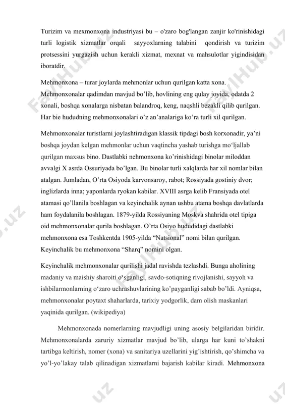 shuvlarining ko’payganligi sabab bo’ldi. ayniqsa, mehmonxonalar poytaxt shaharlarda, tarixiy yodgorlik, dam olish maskanlari yaqinida qurilgan. (wikipediya) mehmonxonada nomerlarning mavjudligi uning asosiy belgilaridan biridir. mehmonxonalarda zaruriy xizmatlar mavjud bo’lib, ularga har kuni to’shakni tartibga keltirish, nomer (xona) va sanitariya uzellarini yig’ishtirish, qo’shimcha va yo’l-yo’lakay talab qilinadigan xizmatlarni bajarish kabilar kiradi. mehmonxona xo‘jaligi kengroq xizmat ko‘rsatish industriyasining eng muhim tarkibiy qismlaridan biri bo‘lib, tunab qolishni talab qiladigan mijozlarga xizmat ko‘rsatish hisoblanadi. garchi qamrovda sezilarli farqlar mavjud bo‘lsada, u sayyohlik sanoati va mehmondo‘stlik sanoati bilan chambarchas bog‘liq. mehmonxona xo‘jaligi - bu xizmat ko‘rsatish sanoatining mehmonlarni joylash-tirish yoki turar joy bilan shug‘ullanadigan bo‘limi. ko‘pgina ta’riflarga ko‘ra, mehmonxona xo‘jaligi nafaqat mehmonxonalarni, balki tunashning boshqa ko‘plab shakllarini, jumladan, yotoqxonalar, motellar va mehmon uylarini ham nazarda tutadi. biroq, u odatda uzoq muddatli yoki doimiy turar joy shakllarini o‘z ichiga olmaydi. mehmonxona xo‘jaligi mehmondo‘stlik sanoatidan farq qiladi. lekin ko‘pchilik bu ikki atama bir xil narsani anglatadi, deb noto‘g‘ri …