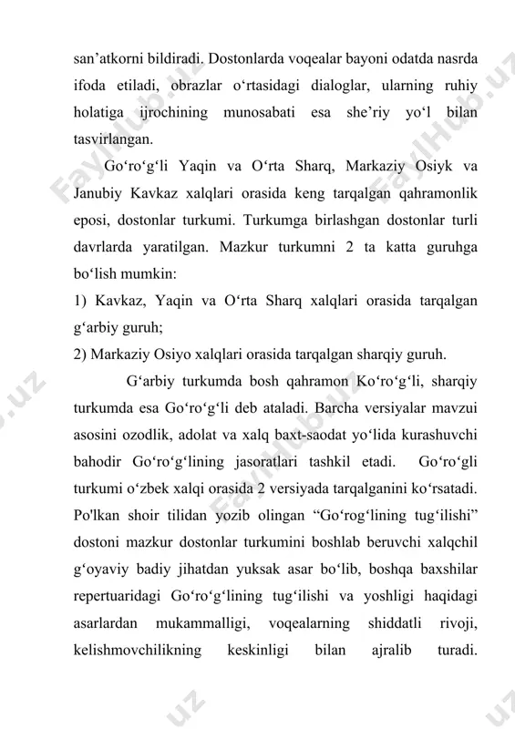 uvchi boshqa dostonlar haqida ma’lumot topib kelishlari uyga vazifa sifatida beriladi. 2-soatda: oʻquvchilardan uyga vazifa soʻraladi va yangi dars asar matnini oʻqishdan boshlanadi. asar matnini o`qish: “goʻroʻgʻlining tugʻilishi” dostonini o`qishni boshlashdan oldin o`qituvchining asar matnini soatlarga taqsimlab olishi, qaysi qismini sinf-da, qay bo`laklarini uyda o`qish lozim-ligini rejalashtirib olishi unga vaqtni tejash imkonini beradi. bu ishni quyidagicha amalga oshirish mumkin. birinchi darsda, doston tarixi va variantlari haqida oʻrganilgandan soʻng ikki soat mobaynida asar o`qiladi, ikkinchi soat “rustambek yig‘lay-yig‘lay, go‘ro‘g‘lini olib keldi. rustambekning xotini erining yuz-xotirini qilib, o‘rnidan turib, voy bolam, deb bag‘riga bosdi, quchoqlab ko‘kragiga oldi” tarzidagi qism bilan tugatiladi. uchinchi soatni “alqissa, rustambek yarim kechada go‘ro‘g‘lini joʻnatib, uyiga qaytib keldi” jumlasi bilan tugatiladi. matnning qolgan qismini o`qish uyga vazifa sifatida topshiriladi. dostonni oʻqishda bolalar diqqati matnda keltirilgan maqollar va iboralarni topishga qaratiladi. topilgan maqol va iboralarga sinonim, antonim boʻlgan shakllarini topish topshirigʻi beriladi. guruhlarda ishlash. har bir guruhga asar matni …
