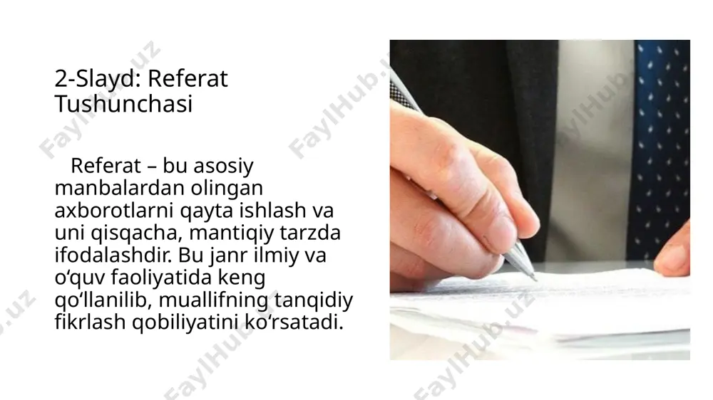 sqacha sharhi. *tadqiqotning asosiy maqsadlari va vazifalari. 10-slayd: asosiy qism asosiy qismda mavzu bilan bog‘liq barcha ma’lumotlar, tadqiqot natijalari va muhokamalar keltiriladi. ma’lumotlar ketma-ketlik va mantiqiy bog‘liqlik asosida taqdim etiladi. 11-slayd: xulosa xulosa qismida asosiy natijalar va ular asosidagi fikrlar bayon qilinadi. shuningdek, mavzuga oid yakuniy xulosalar va amaliy tavsiyalar beriladi. 12-slayd: referat yozishda til vositalari *rasmiy va ilmiy uslub: referat rasmiy va ilmiy uslubda yozilishi kerak. *bog‘lovchi so‘zlar: matnda mantiqiy bog‘lanishni ta’minlash uchun. *aniq va qisqacha: kerakli axborotlarni lo‘nda va tushunarli bayon etish 13-slayd: referatni yozishda e’tibor berilishi kerak bo‘lgan jihatlar. *manbalarni ishonchli tanlash. *grammatik to‘g‘rilikni ta’minlash. *referatni strukturaki jihatdan aniq tartibda yozish. 14-slayd: referatni baholash mezonlari *dolzarblik: mavzuning dolzarbligi va ahamiyati. *tarkibiylik: referatning mantiqiy va tushunarli tuzilishi. *tahliliy yondashuv: fikrlarning chuqurligi va manbalarga asoslanishi. 15-slayd: yakuniy fikr referat yozish – bu ilmiy bilimlarni kengaytirish va tahliliy fikrlash qobiliyatini rivojlantirishning muhim vositasidir. to‘g‘ri tuzilgan referat bilim va tajribani kengaytirishga …