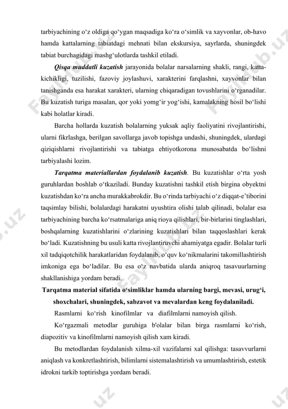 ga bo‘ladilar. bu esa o‘z navbatida ularda aniqroq tasavuurlarning shakllanishiga yordam beradi. tarqatma material sifatida o‘simliklar hamda ularning bargi, mevasi, urug‘i, shoxchalari, shuningdek, sabzavot va mevalardan keng foydalaniladi. rasmlarni ko‘rish kinofilmlar va diafilmlarni namoyish qilish. ko‘rgazmali metodlar guruhiga b'olalar bilan birga rasmlarni ko‘rish, diapozitiv va kinofilmlarni namoyish qilish xam kiradi. bu metodlardan foydalanish xilma-xil vazifalarni xal qilishga: tasavvurlarni aniqlash va konkretlashtirish, bilimlarni sistemalashtirish va umumlashtirish, estetik idrokni tarkib toptirishga yordam beradi. rasmlarni ko‘rish. rasmlar tabiat hodisalarini batafsilroq ko‘rish, diqqatni uzok, muddat shularga qaratish imkonini beradi, buni esa ko‘pincha tabiatni bevosita kuzatishda tabiatning dinamikligi hamda o‘zgaruvchanligi tufayli amalga oshirishning imkoni bo‘lmaydi. bundan tashqari, ko‘pgina hodisalarni bevosita kuzatish mumkin emas; masalan, yovvoyi xayvonlar, janubiy va shimoliy o‘lkalarning hayvonlari bilan bolalarni asosan rasmlar orqali tanishtirish mumkin. bolalarni tabiat bilan tanishtirishda didaktik syujetli, predmetli, shuningdek badiiy rasmlardan foydalaniladi. didaktik syujetli va predmetli rasmlar bolalarni o‘qitishda ko‘rgazmali vosita sifatida maxsus yaratilgandir. «yilning to‘rt fasli», «uy …