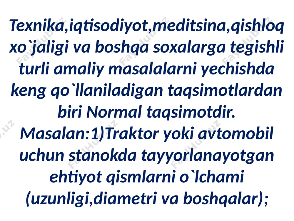 ori ham tasodifiy miqdor bo’lib u bir qancha tasodifiy miqdor- lar yig’indisidan iborat bo’ladi. demak, yillil ishlab chiqarilgan maxsulot miqdorini baholash yoki korxonani sof daromadini aniqlash uchun juda kop sondagi tasodifiy miqdorlar yig’indisini taqsimot qonunini bilish kerak bo’ladi. bu masala ehtimollar nazariyasining markaziy limit teoremasida mukammal o’rganilgan. endi bir nechta tasodifiy miqdorlar yig’indisini taqsimot qonunini ifoda- lovchi markaziy limit teorema bilan tanishamiz.bu teorema rus olimi a. m. lyapunov tomonidan isbotlangan avvalo bu teorema bilan bog’liq aso- siy tushunchalar va belgilashlarni keltiramiz. asosiy tushunchalar aytaylik, o’zaro bog’liq bo’lmagan tasodifiy miqdorlar bo’lib,chekli m(, d( va =m³ lar mavjud bo’lsin. quyidagi belgilarni kiritamiz. , , , p(. a.m. lyapunov teoremasi agar nga intilganda , , bo’lsa, uholda tasodifiy miqdorlar ketma-ketligi uchun markaziy limit teorema o’rinli bo’ladi. boshqacha aytilganda, bu teoremaga ko’ra normalangan yig’indini taqsimot funksiyasi n(0, 1) parametrli normal taqsimot qonunga ega bo’ladi, ya’ni dƶ mavzuga doir misol keltiramiz. 1-misol. ushbu taqsimot qonun …