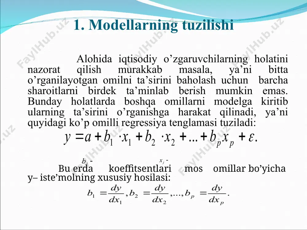 k limitini tavsiflovchi ko’rsatkich deb qaraladi (ya’ni qancha miqdorda iste’mol bo’lishi mumkinligini ko’rsatadi). masalan, сt iste’mol funktsiyasi quydagi ko’rinishga ega bo’lsin: u holda t davrdagi iste’mol o’sha davrdagi rt daromadga va undan oldingi davrdagi daromadga bog’liq bo’ladi. mos ravishda b0 koeffitsent rt daromadning bir birlikka o’zgarishi effektini tavsiflaydi. odatda b0 koeffitsient qisqa davrdagi istemolga bo’ladigan talabga moyillik deyiladi. 4. ko’p omilli regressiya tenglamasining parametrlarini baholash ko’p omilli regressiya tenglamasi parametrlari juft regressiyadagi kabi ekku bilan aniqlaniladi. ekkuni qo’llab normal tenglamalar tizimi hosil qilinadi. normal tenglamalar sistemasining echimi regressiya parametrlarini baholash imkonini beradi. ushbu regressiya tenglamasi uchun normal tenglamalar sistemasi quyidagi ko’rinishdan iborat: sistemani determinantlar usuli bilan echib uning parametrlarini quyidagicha topish mumkin: ko’p o’lchovli regressiya parametrlarini aniqlashning boshqacha usuli ham mavjud. bu usulda juft korrelyatsiya koeffitsientlari matritsasi asosida standartlashgan mashtabda quyidagi regressiya tenglamasi tuziladi: misol. ishlab chiqarish harajatlari funktsiyasi quyidagi tenglama bilan ifodalangan bo’lsin (mln. so’m): bu erda: -asosiy ishlab …
