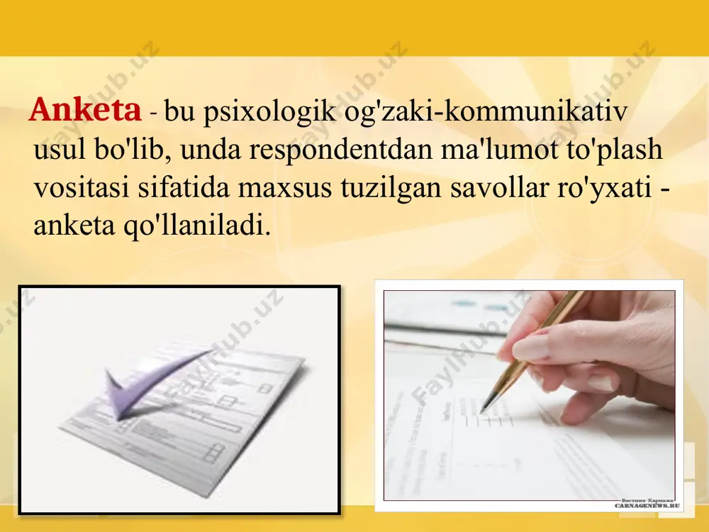fiqdir. 2. aloqa savoli har bir respondent javob bera oladigan darajada umumiy bo'lishi kerak. unga javob bergandan so'ng, respondent o'z vakolatiga ishonch hosil qiladi va keyingi savollarga ishonch bilan javob berishni, o'z fikrlarini to'liqroq ifodalashni va o'z fikrlarini yanada rivojlantirishni boshlaydi. 3 ii. bufer savollari ularning asosiy maqsadi anketadagi savollarning o'zaro ta'sirini yumshatishdir. anketa ko'pincha bir vaqtning o'zida bir nechta tematik bo'limlarni o'z ichiga oladi va bir savollar to'plamidan ikkinchisiga muammosiz o'tishni ta'minlash uchun ularni bufer savollar bilan ajratish tavsiya etiladi. agar o'tish to'satdan va keskin bo'lsa, u respondentlarda noqulay taassurot qoldiradi. masalan, ma'lum faktlar to'g'risida bilim olishga qaratilgan savollar respondentlar tomonidan ko'pincha baholovchi sifatida qabul qilinadi, shuning uchun ularning baholovchi xususiyatini kamaytirish uchun bunday savollarni muqaddima bilan bergan ma'qul. "ba'zi odamlar o'z kvartiralarini har kuni nam tozalashni muhim deb hisoblaydilar va buni har kuni qilishadi, boshqalari buni juda zarur deb hisoblamaydilar va vaqti-vaqti bilan qilishadi. siz ko'pincha nima qilasiz?" …
