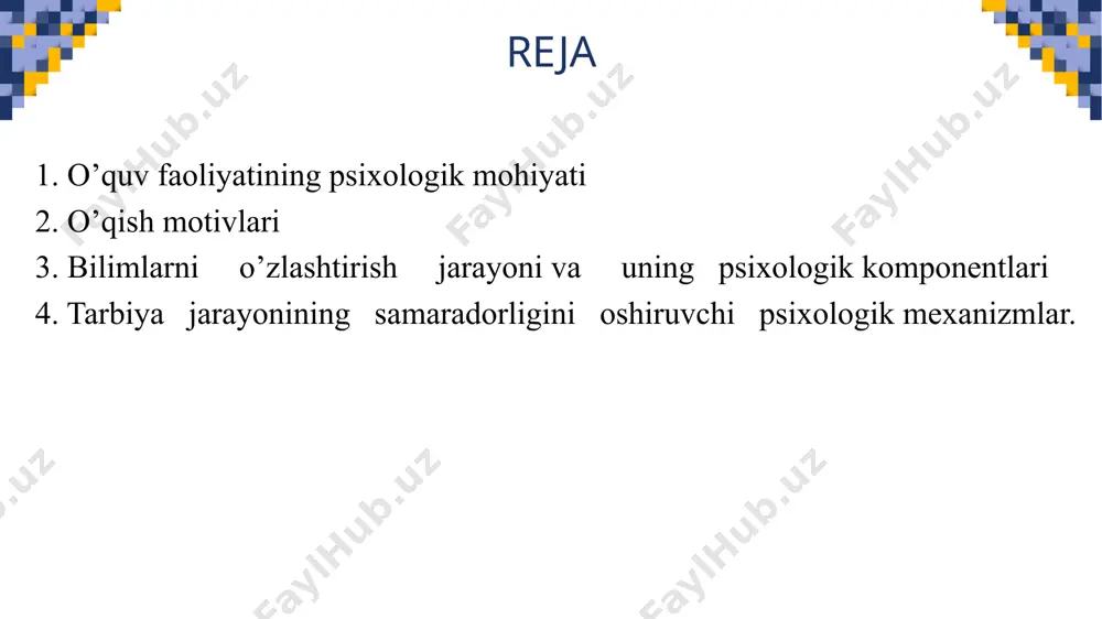 r bilan kechadi, berilayotgan material yetarli darajada anglanilmaydi, ta'lim oluvchi ta'limning asl mohiyatini tushunib yetmaydi ikkinchi turda - materialni nisbatan dadil va to’la tushunilishi va material bilan bog’liq tushunchalarni ajratilishi bilan xarakterlanadi uchinchi tur - tez, samarador va bexato xatti-xarakatlarni o’zlashtirilishini ta'minlab beradi 1 2 3 ta'limning psixolik asoslari muammosi ko’pgina masalalarni qamrab oladi. ta'limning muvaffaqiyati bir qator psixologik omillarga boqliq bo’ladi. avvalo o’quvchining o’qishga bo’lgan munosabatiga to’xtaylik. bu munosabat diqqatda, his-tuyg’ularda, qiziqishlar va irodada, shuningdek, shaxsning tutgan yo’lida namoyon bo’ladi. ta'lim jarayoni avvalo o’quvchilar diqqatini yo’lga solishni talab etadi. darslarda ko’rgazmali qurollardan, axborot texnologiyalari vositalaridan foydalanish ta'lim oluvchida ixtiyorsiz diqqatni yuzaga keltiradi. ta'lim jarayonida ta'lim beruvchining vazifasi darsda ishlash holatini yuzaga keltirishgina emas, balki o’quvchilarning darsda o’tiladigan materialini idrok etishga tayyor turishlarini kuzatish hamdir. dars jarayonida o’quvchilarning diqqati o’zgarib turadi. o’qitish jarayonida bu qonuniyatlarni nazarda tutish va o’quvchilar diqqatini materialning asosiy jihatlariga jalb etish hamda ularni takrorlash kerak. ma'lumki, …