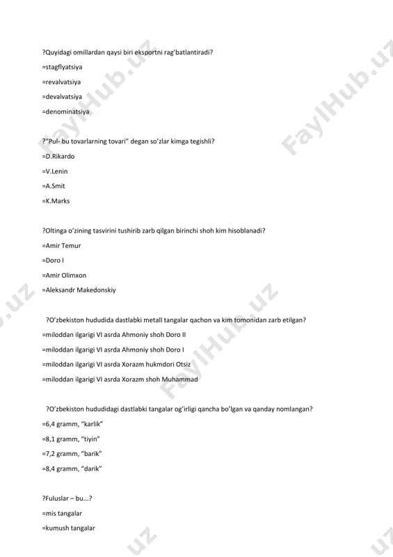 tangalarni =oltin tangalarni ?nominal pul nazariyasiga ko’ra pul nominallarini kim tomonidan belgilanali va ta’minlanadi? =davlat =birja =bank =bozor ?nominal pul nazariyasini yana qanday nomlash mumkin? =“oddiy pullar nazariyasi” =“davlat pullar nazariyasi” =“nodir pullar nazariyasi” =“qog’oz pullar nazariyasi ?pulning nominallik nazariyasiga ko’ra pulning qiymati qanday aniqlanadi? =uning real qiymati bilan =talab va taklifga asosan =uning nominali bilan =bank tomonidan ?pulning nominallik nazariyasida pulning qaysi funktsiyasi asosiy hisoblanadi? =jahon puli funktsiyasi =jamg’arma vositasi funktsiyasi =qiymat o’lchovi funktsiyasi =to’lov vositasi funktsiyasi ?pulning miqdoriy nazariyasining asoschisi kim? =t.men =j.keyns =j.boden =m.fridman ?i.fisherning almashuv tenlamasini ko’rsating? =mv=pv =k=1/v =m=kpv =mv=pq ?pulning miqdoriy nazariyasi qanday miqdoriy bog’liqlikga asoslanadi? =muomaladagi pul miqdori bilan kreditlar emissiyasi hajmi o’rtasidagi miqdoriy bog’liqlikga =muomaladagi pul miqdori bilan soliqlar stavkasi o’rtasidagi miqdoriy bog’liqlikga =muomaladagi pul miqdori bilan tovar bahosi darajasi o’rtasidagi miqdoriy bog’liqlikga =muomaladagi pul miqdori bilan davlat xaridi hajmi o’rtasidagi miqdoriy bog’liqlikga ?pulning miqdoriy nazariyasining kembridj varianti pulning qaysi funktsiyasiga alohida …