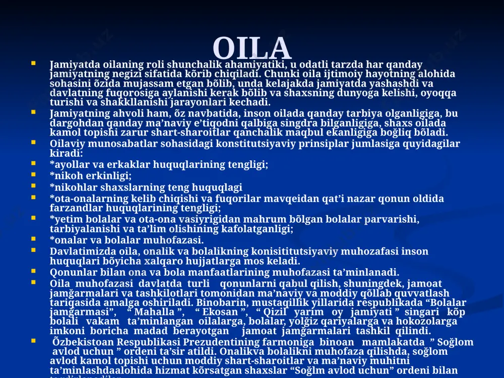 hidagi kichkina davlat mustahkam oila – jamiyat asosi prezidentimiz islom karimov “yuksak ma’naviyat – yengilmas kuch” asarida ta’kidlaganidek, har qaysi millatning o‘ziga xos ma’naviyatini shakllantirish va yuksaltirishda, hech shubhasiz, oilaning o‘rni beqiyosdir. xalqimiz azaldan oilaga muqaddas dargoh, shaxs kamolotining beshigi sifatida qaraydi. binobarin, inson oila bag‘rida dunyoga keladi, hayot haqidagi ilk tushunchalari shu yerda paydo bo‘ladi. murg‘ak qalbda yaxshi fazilatlar, ezgu g‘oya va maqsadlar ham oiladagi ma’naviy muhit tufayli uyg‘onadi. – mamlakatimizda jamiyatning asosiy bo‘g‘ini hisoblangan oilalarni moddiy va ma’naviy qo‘llab-quvvatlash, uning huquqiy asoslarini yaratishga davlat siyosatining ustuvor vazifalaridan biri sifatida e’tibor qaratilmoqda, – deydi samarqand viloyati hokimi o‘rinbosari, xotin-qizlar qo‘mitasi raisi gulnora rustamova. – mamlakatimiz konstitutsiyasiga “oila” alohida bob sifatida kiritilgan. shu asosda o‘zbekiston respublikasining oila kodeksi va boshqa qonunlarida ham xalqimizning oilaga munosabati, o‘ziga xos qarashlari nuqtai nazaridan tegishli qoida va me’yorlar belgilangan. 1998 yil yurtimizda oila yili deb nomlandi hamda maxsus davlat dasturi asosida keng ko‘lamli ishlar …