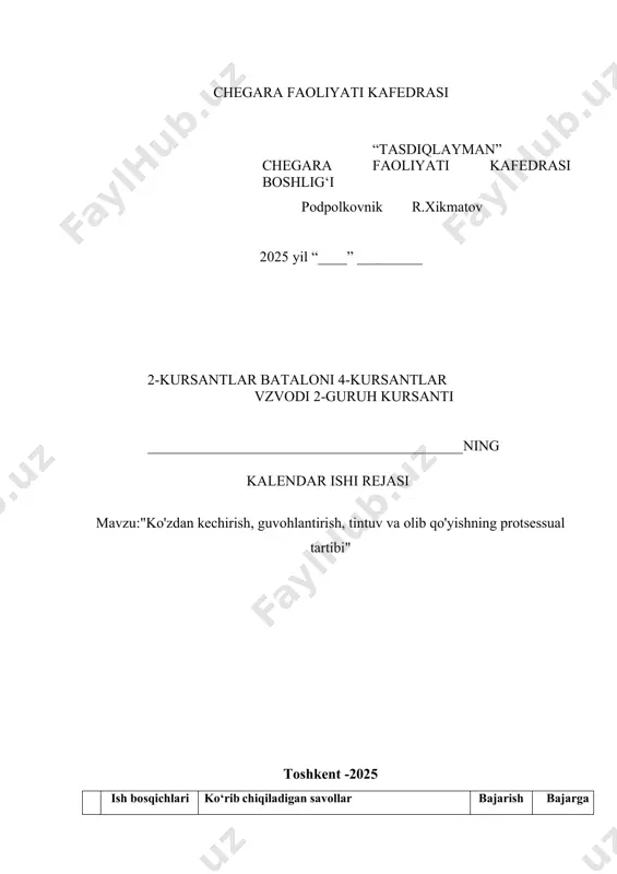 sh 5 kurs ishi himoyasi kursant __________________ 2022 yil “___” _____ mavzu: " ko'zdan kechirish, guvohlantirish, tintuv va olib qo'yishning protsessual tartibi " mundarija kirish asosiy qism 1. ko‘zdan kechirish protsessual tartibi 2. guvohlantirish protsessual tartibi 3. tintuv va olib qo'yishning protsessual tartibi 4. ekspertiza tayinlash protsessual tartibi xulosa va takliflar adabiyotlar kirish tergov harakatlarini tasniflash s.a.sheyfer tomonidan tadqiq qilinib, tergov harakatlarini bilish usuli, ma’lumotni olish usuli va obyektlarni namoyon bo’lish murakkabligiga ko’ra turlarga bo’linadi. tergov harakatlari bilish usuliga ko’ra: 1. so’rov shaklidagi tergov harakatlari; 2. kuzatuv shaklidagi tergov harakatlari; 3. kuzatuv va so’rov shaklidagi tergov harakatlariga bo’linadi. so’rov shaklidagi tergov harakatlarida shaxsda dalil bo’la oladigan ma’lumotlar muloqot yoki so’zlashuv (so’rash) yo’li bilan olinadi. bunga misol qilib so’roq qilish, yuzlashtirish tergov harakatlarini ko’rsatish mumkin. kuzatuv shaklidagi tergov harakatlari muayyan ob’ekt yoki jarayonning tashqi belgilarini yoki ulardagi o’zgarishlarni ko’zatish orqali o’tkaziladi. misol tariqasida guvohlantirish, olib qo’yish, eksperiment tergov harakatlarini ko’rsatish mumkin. …