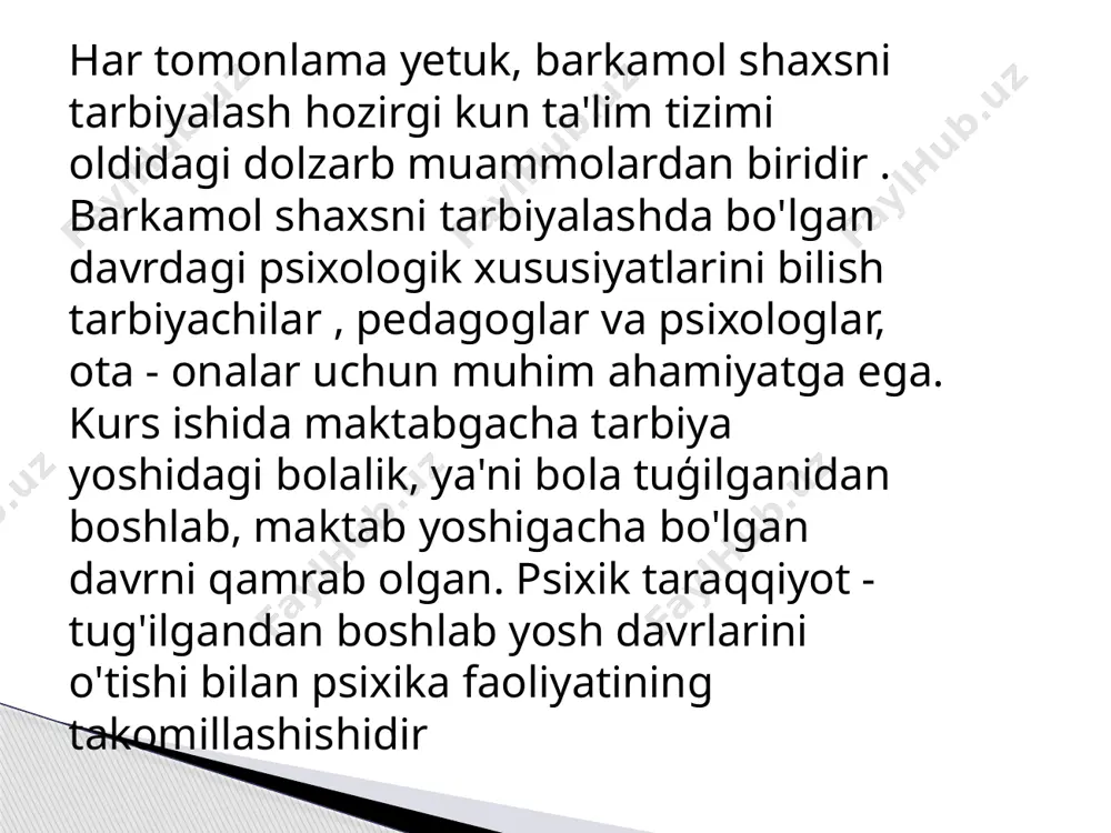 i bo‘lishini inobatga olgan holda 3 davrga: (3-4 yosh) kichik maktabgacha davr, (kichik bog‘cha yoshi), (4-5 yosh) o‘rta maktabgacha davr, (o‘rta bog‘cha yoshi) , (6-7 yosh) katta maktabgacha davr (katta bog‘cha yoshi)ga ajratish mumkin. bog‘cha yoshdagi bolalarga beriladigan tarbiya, ularning murakkab harakatlarini o‘zlashtirish, elementar gigiena, madaniy va mehnat malakalarini shakllantirish, nutqini rivojlantirish hamda ijtimoiy axloq va estetik didining dastlabki kurtaklarini hosil qilishga qaratilishi lozim. mashhur rus pedagogi lesgaftning fikricha, insonning bog‘cha yoshidagi davr shunday bir bosqichki, bu davrda bolalarda xarakter xislatlarining namunalari shakllanib, axloqiy xarakterning asoslari yuzaga keladi. ii-bob. maktabgacha yoshdagi bolalar psixikasining rivojlanishi yuzasidan olib borilgan ilmiy tadqiqotlar ahamiyati va samaradorligi 2.1. mеhnat mashģulotlarda bola psixikasini rivojlantiruvchi usullardan foydalanishning ahamiyati mеhnat faoliyati jarayonida ongning paydo bo`lishi va uning ijtimoiy–tarixiy mohiyati. odam psixikasi bilan eng taraqqiy etgan hayvon psixikasi o`rtasida ham juda katta tafovut mavjud. masalan, hayvon «tili» bilan odam tilini bir–biriga taqqoslab bo`lmaydi. birinchidan, hayvon «tili» signal, xabar bеrsa, …