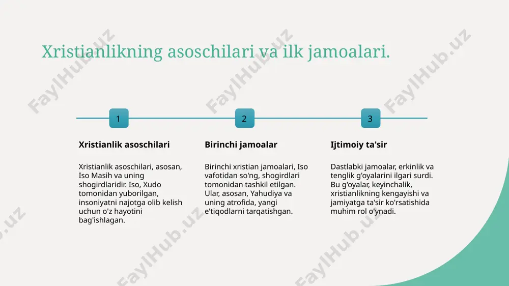 y qadriyatlariga xizmat qiladi. xristianlikning rituallari: ijtimoiy va madaniy ahamiyati. marosimlarning ma'nosi xristianlik marosimlari, e'tiqod va jamoaviy hayotning ajralmas qismi bo'lib, ular ruhiy va ijtimoiy bog'lanishlarni kuchaytiradi. xudoga yaqinlik marosimlar, masalan, qabul marosimlari, xristianlarni xudoga yaqinlashtiradi, ularga imon va umid berib, ruhiy kuchni oshiradi. ijtimoiy birlik xristianlik marosimlari, jamoatchilikni birlashtirib, ijtimoiy aloqalarni mustahkamlashda muhim rol o'ynaydi, bu esa birgalikda hayot kechirishni ta'minlaydi. madaniy meros xristian marosimlari, tarixiy va madaniy merosni saqlashda, urf-odatlar va an'analarni avlodlarga yetkazishda muhim ahamiyatga ega. xulosa 1 xristianlikning o'ziga xosligi xristianlik, o'zining tarixiy kelib chiqishi va rivojlanishi bilan birga, ijtimoiy va madaniy kontekstda juda muhim o'rin tutadi. 2 asosiy g'oyalar va qadriyatlar xristianlikning asosiy g'oyalari, muqaddas uchlik va inson-xudo munosabatlari, imon va najotning ahamiyatini ko'rsatadi, axloqiy qadriyatlar bilan bog'liq. 3 marosimlar va rituallar xristianlikda marosimlar va rituallar, o'tmishdan bugungacha o'zgarishlar orqali, ijtimoiy va madaniy ahamiyatini saqlab qolmoqda, jamiyatda birlikni mustahkamlashga xizmat qiladi. foydalanilgan adabiyotlar 1. xo'jaev, …