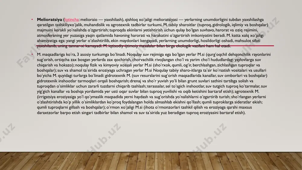 ijasida topilgan sugʻorish tarmoqlari qoldiklari qadimiy sugʻdiyona, shim. baqtriya, xorazm, fargʻona, margʻiyona kabi davlatlarda dehqonchilik madaniyati yuqori boʻlganligini koʻrsatadi. miloddan avvalgi 6—5ming yilliklarda togʻ oldi hududlarda liman va qayir usulida dehqonchilik qilingan. sugʻorib dehqonchilik qilish miloddan avvalgi 2-ming yillikda surxondaryoda, zaraf-shon, fargʻona vodiylarida, amudaryo deltasida yuzaga kelgan. sirdaryo va amudaryo etaklarida sugʻorish asosida yerlarni oʻzlashtirish ishlari miloddan avvalgi 8—7-asrlarda olib borilgan. • 20-asrning 20-yillaridan oʻrta osiyoda m. tadbirlari keng miqyosda amalga oshirila boshlandi, ayniqsa, eski sugʻorish tarmoqdarini tiklash va yangilarini qurishga katta eʼtibor berildi. • grunt suvlari sathini tartibga solish, yerlarni shoʻrsizlantirish boʻyicha ham katta ishlar amalga oshirildi. bu ishlarda drenajning eng samarali turlari — yopiq gorizontal va vertikal drenajlar qoʻllandi. • m. miqyosi, ayniqsa, oʻzbekistonda katga boʻldi: mirzachoʻlni oʻzlashtirish misolida yalpi meliorativ qurilishning prinsipial yangi texnologiyasi barpo qilindi, texnik jihatdan mukammal meliorativ tadbirlar ishlab chiqildi. suv resurslarini sersuv manbalardan kam suv havzalarga oʻtkazish katta miqyosda amalga oshirildi, mashinalashgan sugʻorish …