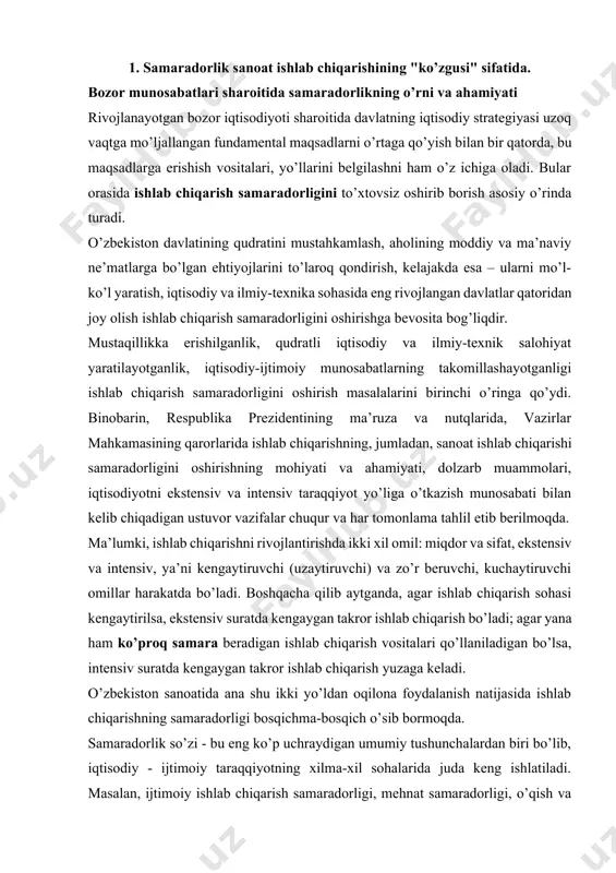 da, agar ishlab chiqarish sohasi kengaytirilsa, ekstensiv suratda kengaygan takror ishlab chiqarish bo’ladi; agar yana ham ko’proq samara beradigan ishlab chiqarish vositalari qo’llaniladigan bo’lsa, intensiv suratda kengaygan takror ishlab chiqarish yuzaga keladi. o’zbekiston sanoatida ana shu ikki yo’ldan oqilona foydalanish natijasida ishlab chiqarishning samaradorligi bosqichma-bosqich o’sib bormoqda. samaradorlik so’zi - bu eng ko’p uchraydigan umumiy tushunchalardan biri bo’lib, iqtisodiy - ijtimoiy taraqqiyotning xilma-xil sohalarida juda keng ishlatiladi. masalan, ijtimoiy ishlab chiqarish samaradorligi, mehnat samaradorligi, o’qish va o’qitish samaradorligi, davolash va davolanish samaradorligi, qabul qilingan qonun va qoidalar hamda yechimlar samaradorligi va hokazolar. samaradorlik sanoat ishlab chiqarish faoliyatining "ko’zgusi" hisoblanadi. bu "ko’zgu"da ishlab chiqarishning barcha natijalarini ko’rish mumkin. ma’lumki, har bir tarmoq, korxona, qolaversa, har bir shaxs o’z ishlab chiqarish faoliyatida maksimum foyda olishga intiladi. uning uchun ma’lum xarajatlar qiladi. ana shu foyda bilan xarajatlar o’rtasidagi farq tarmoq va korxona faoliyatining "ko’zgusi" bo’lgan samaradorlikda ko’zga tashlanadi. ishlab chiqarishning eng yuqori samaradorligi …