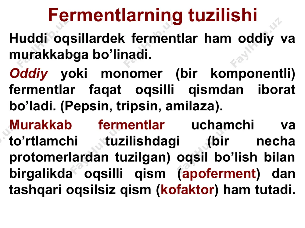 dg ning 5 xil izoformasi mavjud кreatinfosfotransferaza yoki kreatinfosfokinaza (кfк) ning esa 3 xil izofermenti bor. кfк1 – 2 ta b subbirlikdan iborat – nerv to’qimasida; кfк2 – 1 ta m va 1 ta b subbirliklaridan tashkil topgan – yurakda; кfк3 – 2 ta m subbirlikdan tashki topgan bo’lib, mushaklarda uchraydi masalan, miokard infarktida ldg1 va kfk2 larning aktivligi qonda oshadi мultiferment kompekslar, bir necha fermentlardan iborat bo’lib, bitta jarayonda bir substratni bir necha bosqichda o’zgarishga uchrashini ta’minlaydi. piruvatdegidrogenaza kompleksi – pirouzum kislotasini asetil-koa ga aylantiradi. α-ketoglutaratdegidrogenaza kompeksi (krebs siklida) α-ketoglutaratni suksinil-skoa. palmitat-sintaza kompleksi – yog’ kislotalarini sintezlovchi kompeks fermentlar aktivligining o’lchov biriklari fermentativ reaksiya tezligini susaytiruvchi effektorlar ingibitorlar deb nomladi quidagi 2 turdagi ingibirlanish tafovutlanadi: 1.qaytar ingibirlanish e+j ↔ ej 2. qaytmas ingibirlanish e+j → ej 37 qaytmas ingibirlanishga misollar metallar tutuvchi fermentlar ingibitorlari - hcn, kcn, co, nan3, ular biologik oksidlanish fermentlari tarkibiga kiruvchi fe va su valentligini …