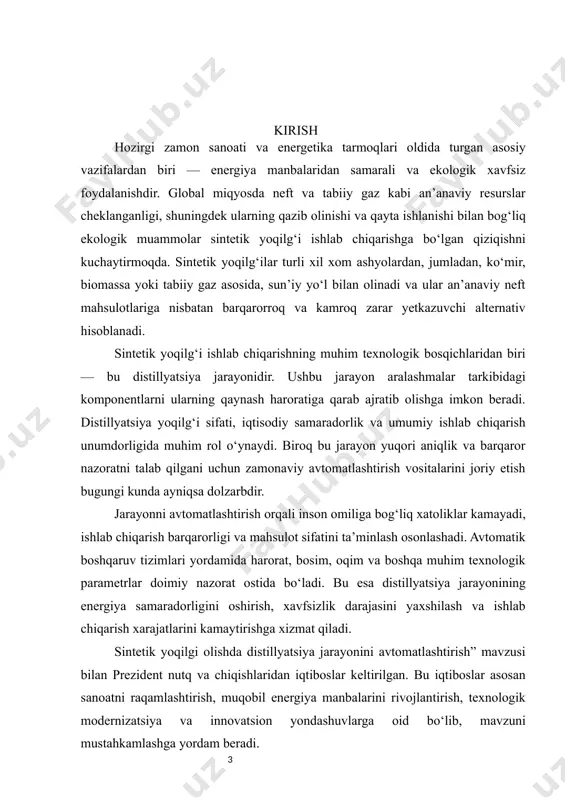 h garovidir.” 3. texnoparklar va innovatsiyalar bo‘yicha (2023-yil 14-apreldagi texnoparklarni ochish marosimida): “biz o‘z ilmiy salohiyatimizni ishlab chiqarishga jalb qilmasak, hech qachon texnologik mustaqillikka erisha olmaymiz. shuning uchun har bir zavod, har bir loyiha — bu ilm va texnologiyaning mahsuli bo‘lishi kerak.” 4. yoqilg‘i-energetika sohasi bo‘yicha (2021-yil 12-mart, energetika sohasiga bag‘ishlangan yig‘ilishda): “yoqilg‘i-energetika sohasida zamonaviy usullarni joriy etish orqali nafaqat ishlab chiqarishni ko‘paytiramiz, balki atrof-muhitni muhofaza qilishga ham erishamiz. sintetik yoqilg‘i — bu kelajak energiyasi.” bugungi kunda neft-gaz sanoatida qator yirik va zamonaviy loyihalar amalga oshirilmoqda. reaksiyalar orqali yuqori sifatli va ekologik toza sintetik yoqilg‘ilarni olish, ushbu texnologiyalarni sanoat darajasiga olib chiqish hozirgi davrda sintetik yoqilg‘i yo‘nalishida izlanayotgan kimyo va texnologiya sohasidagi mutaxassislar oldidagi eng asosiy muammolardan biridir. bunga misol sifatida qurilayotgan “oltin yo‘l gtl” zavodini ko‘rsatish mumkin. bu loyiha janubiy afrika respublikasi (“sasol”), daniya (“haldor topsoe”) va aqsh (“chevron”)ning ilg‘or texnologiyalariga asoslanadi. qurilish ishlarini esa janubiy koreyaning “hyundai engineering …