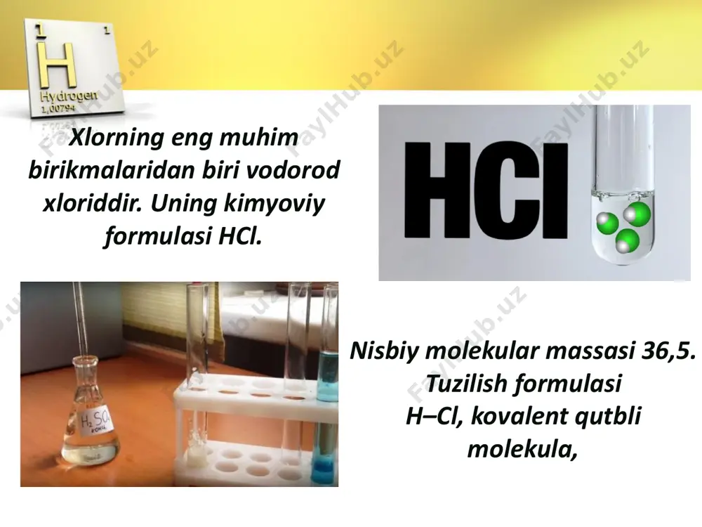 n kislota hci va h2o ning doimiy qaynaydigan aralashmasi hisoblanadi. agar hci ning gaz fazasidagi porsial bosimi doimo qaynaydigan aralashma ustidagi (yuzasidagi) hci bosimidan oshib ketsa, kislotaning konsentratsiyasi 20,24% ga yetadi va yanada oshib boraveradi, qaynash harorati esa pasayadi. shu sababli hci gazining miqdorini oshirib borishi adiabatik sharoitda kislota konsentratsiyasining ortib borishiga sabab bo‘ladi. vodorod xloridni qaynayotgan suvga yuborilganda absorberdan chiqib ketayotgan gaz dastlab suv bug‘laridan iborat bo‘ladi, ammo kislota konsentratsiyasining ortib borishi bilan chiqayotgan gaz tarkibida hci gazining miqdori ham ortib boraveradi. shuning uchun bitta absorberda konsentrlangan kislota olinayotganda bir qism vodorod xlorid absorbsiyalanmay qoladi. • hci ni to‘liq yuttirish uchun gazni suvga qarama-qarshi bir necha absorberlar orqali yuborish yoki ichida tarelkalar, nasadkalar bor absorberlardan foydalanish maqsadga muvofiq bo‘ladi. ana shundagina absorberlardan chiqib ketayotgan gaz faqat suv paridan iborat bo‘ladi. • laboratoriyada vodorod xloridni osh tuziga konsentrlangan sulfat kislotasi ta’sir ettirib olinadi. reaksiya ikki bosqichda boradi. • • birinchi …