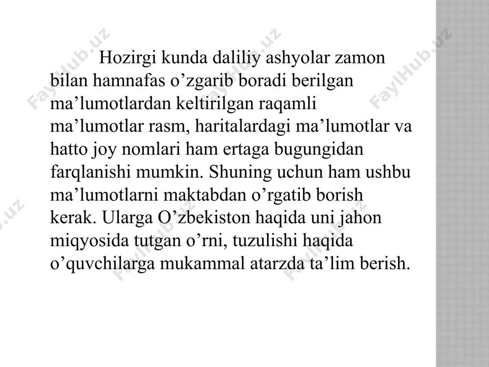 zoy tog’ jinslaridan tashkil topgan. shuning uchun bu yerlarda nurash jarayonlari kuchli bo’lishiga qaramasdan saqlanib kelmoqda. bu tog’lar atrofidagi tekisliklardan bir necha yuz metr baland holos. qizilqumning markaziy qismidagi qoldiq tog’lar tomdi tog’ 922 m aristontog’ 693 m va boshqalar bir – birlariga yaqin joylashgan bo’kantov 764 m yetim tog’ 568 m ovminzatog’ 639 m quljuqtog’ 874 m qizilqumda tog’ tizmalari bilan bir qatorda katta-kichikligi har hil hamma tomoni berk botiqlar xam uchraydi. ularning umumiy ko’rininshi har hil bazilarining shakli aylanma ayrimlari niki esa cho’ziq botiqlarning chuqurligi juda oz. hamma botiqlarning osti deyarli tekis faqat ayrim qismlari to’lqinroq cho’zilgan va lagansimon pastliklar bilan band ularni bir-biridan usti yassi tepalik;ar ajratib turadi. qizilqum tog’lari orasidagi botiqlar ko’kayoz qoraxotin qora kata oyoqog’itma mingbuloq mo’llali ustyurt o’zbekistonning eng shimoli- g’arbiy qismida ustyurt platosi joylashgan. bu kaspiy va orol dengizlarining oralig’idagi joylashgan o’rtacha balandligi 200 m.ustyurtning faqat sharqiy qismigina o’zbekistonga qaraydi.ustyurtning sharqiy va janubiy …