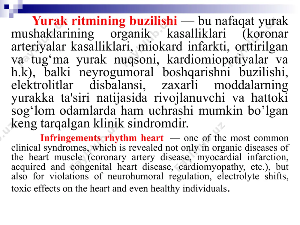 on system of the heart sinus taxikardiyasi – bu sinus ritmi saqlangan xolda yurak qisqarishlari sonining 90dan ko‘payishidir. sinus taxikardiyasi fiziologik va patologik bo‘ladi. sinus tachycardia (st) - the increase in heart rate to 90 beats per minute or more while maintaining the right sinus rhythm. st is due to increase automatism of the sa node. sinus bradikardiyasi - sinus ritmi saqlangan xolda yurak qisqarishlar sonining 60 dan kamayishi. sinus bradikardiyasi ham sinus taxikardiyasi singari fiziologik va patologik bo’lishi mumkin. sinus bradycardia (sb) - is slowing of heart rate below 60 bpm. while maintaining the correct sinus rhythm. sinus bradikardia is due to decrease automatism of the sa-node. sinus aritmiyasi - sinus ritmi saqlangan xolda yurak qisqarishlari sonining noregulyarligidir (r-r ≥0,1). sinus aritmiyasi ham fiziologik (nafas aritmiyasi)va patologik bo’lishi mumkin. sinus arrhythmia (sa) is called the wrong sinus rhythm, characterized by periods of acceleration and deceleration rate. sinus arrhythmia-is caused …